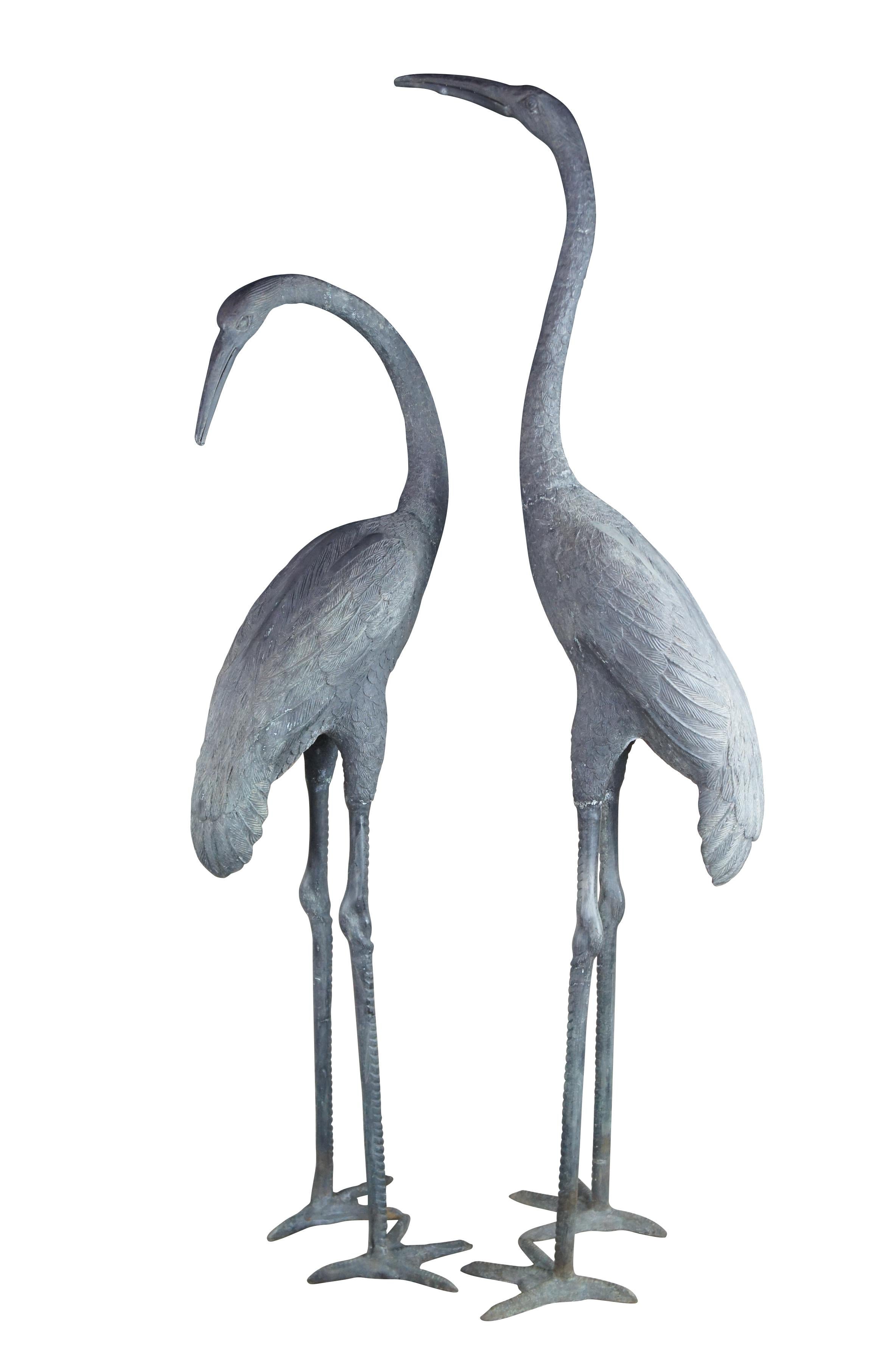 Japonisme Monumental Japanese Pair Verdigris Bronze Crane Bird Garden Sculptures Statues 8