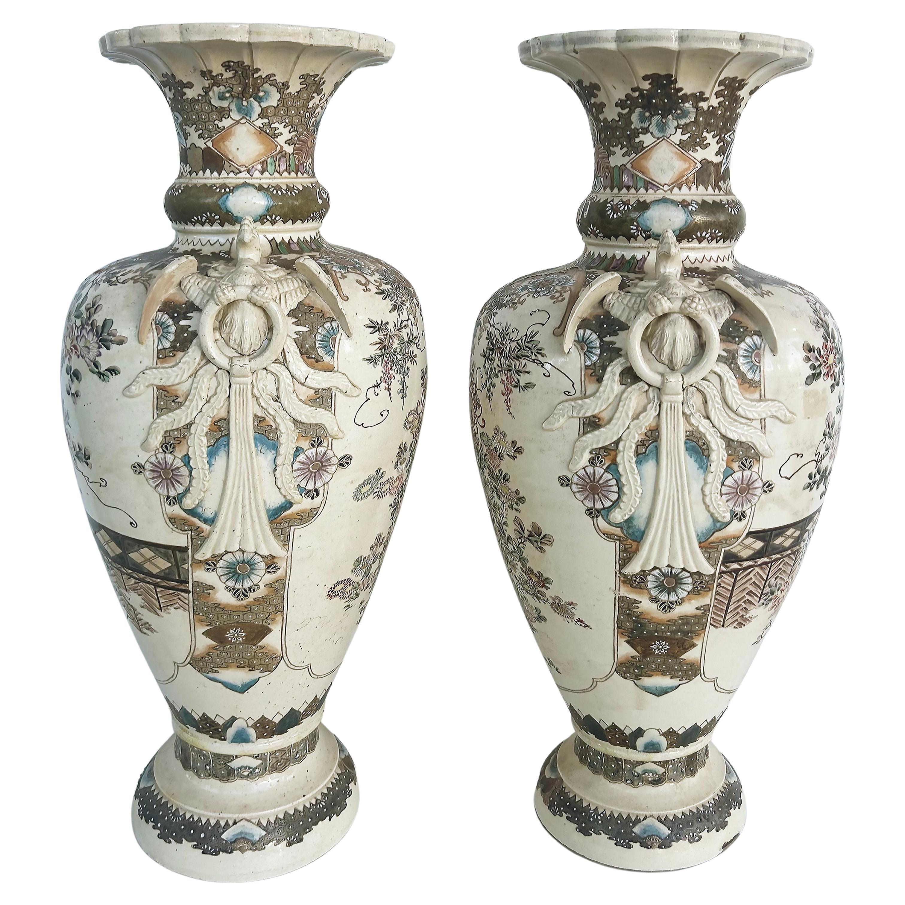 Monumental Japanese Satsuma Vases Artist Signed, An Impressive Pair Estate Fresh

Offered for sale is a pair of monumental Japanese hand-painted and artist signed Satsuma vases which are a recent acquisition from the Key Biscayne, Florida estate of 