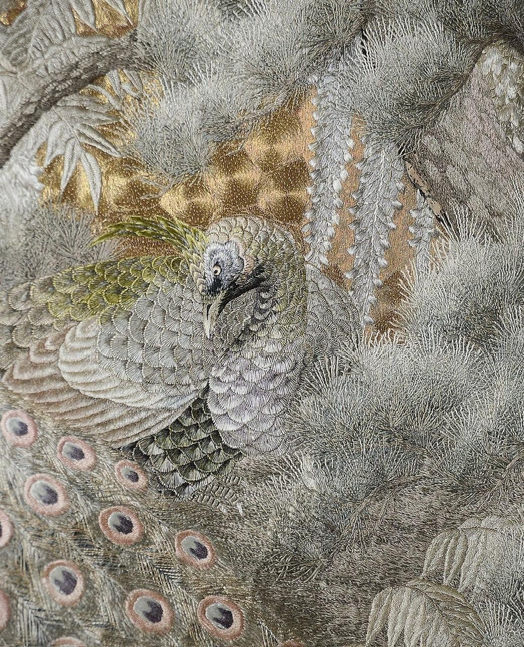 Monumental Japanese Silk Textile - Peacocks in Landscape. For Sale 3