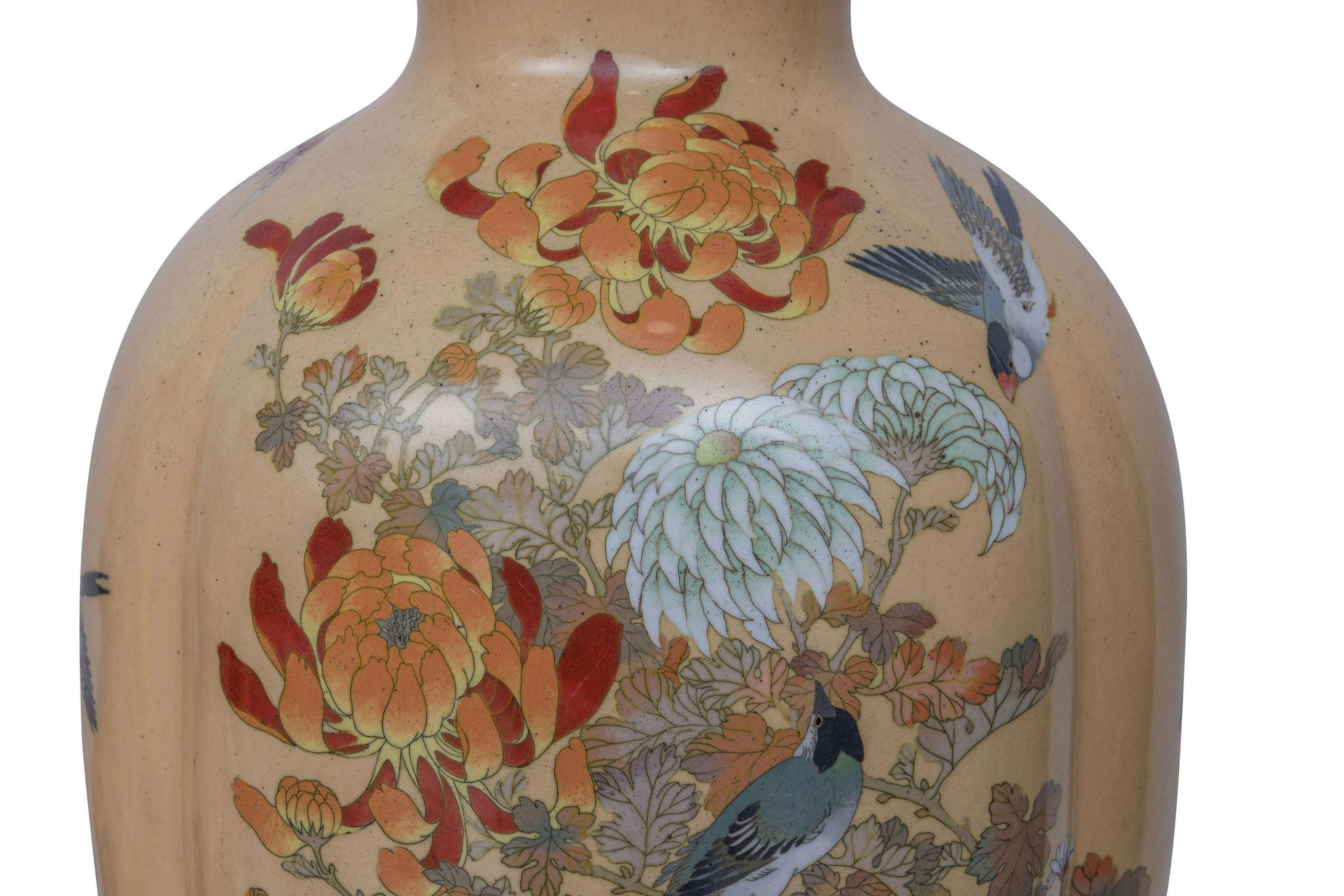 19th Century Monumental Japanese Three-Piece Peach Cloisonné Enamel Garniture, Nagoya Company For Sale