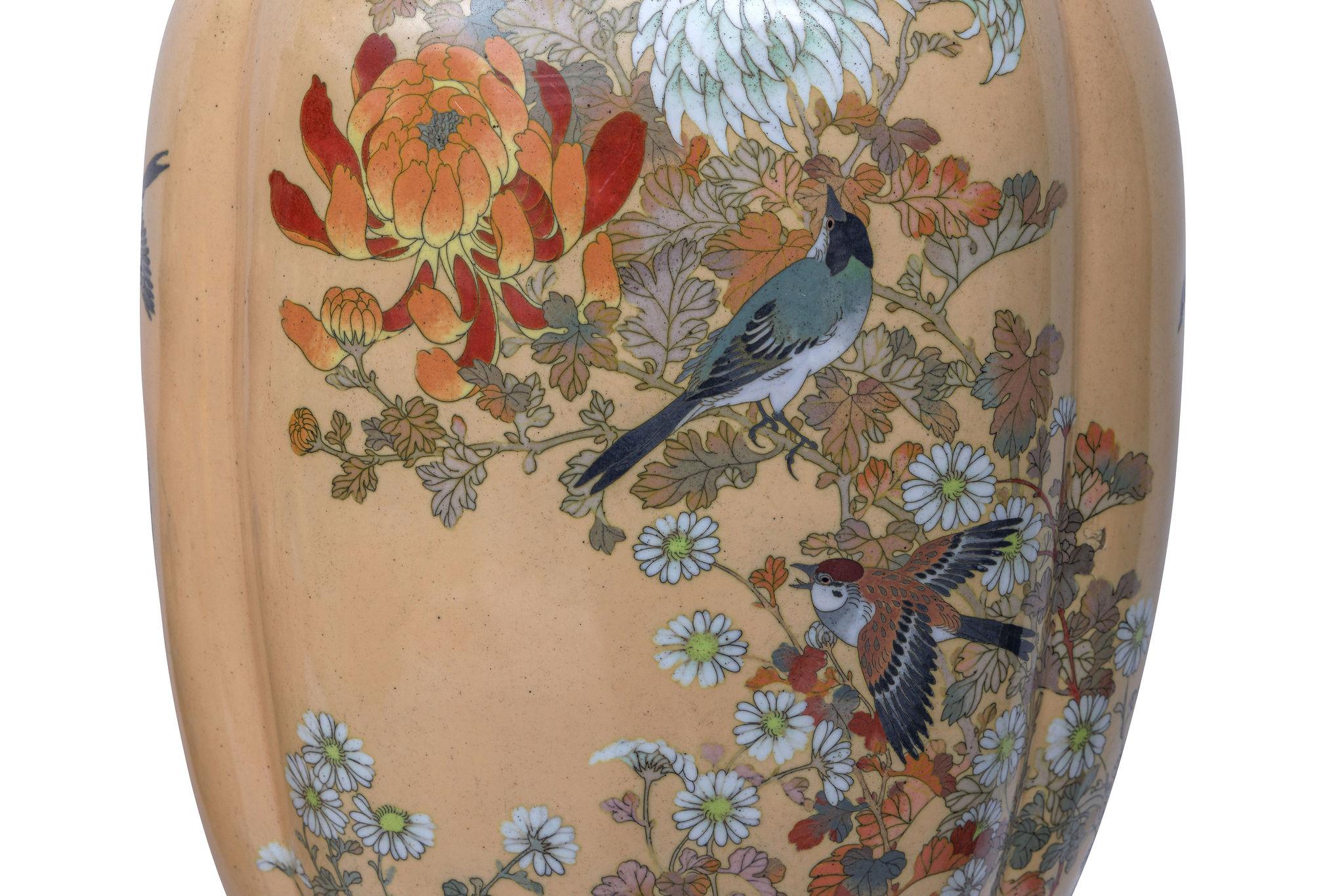 Copper Monumental Japanese Three-Piece Peach Cloisonné Enamel Garniture, Nagoya Company For Sale