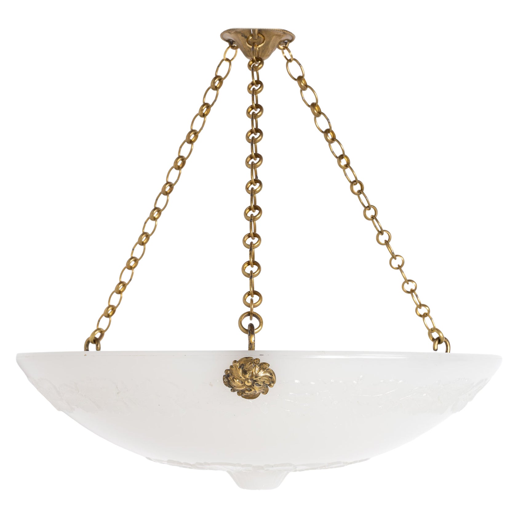 Monumental Jefferson Moonstone Art Nouveau Plafonnier With Brass Fixtures