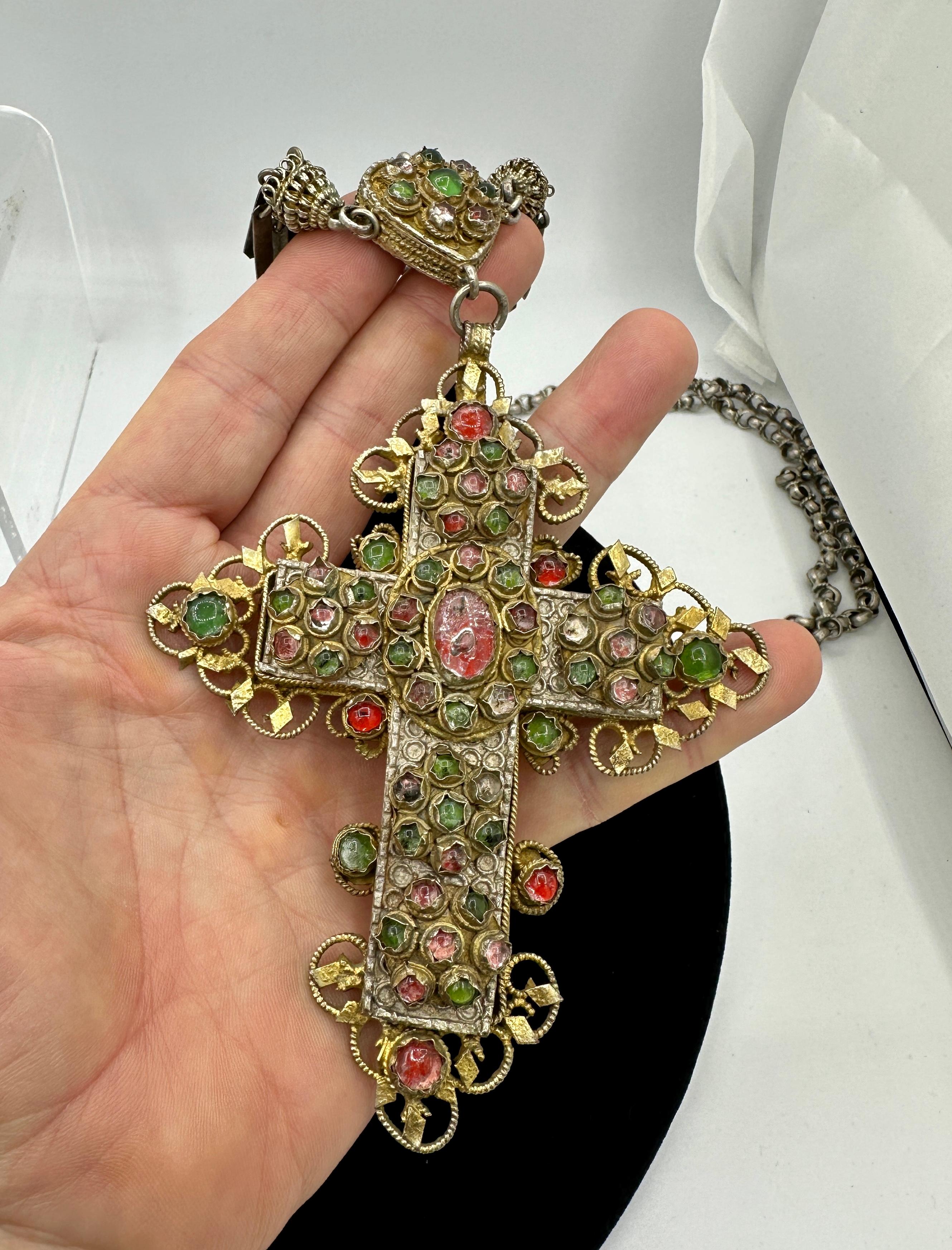 Renaissance Revival Monumental Jeweled 7 Inch Bishop Cross And Heart Necklace 46 Inch Silver Chain For Sale