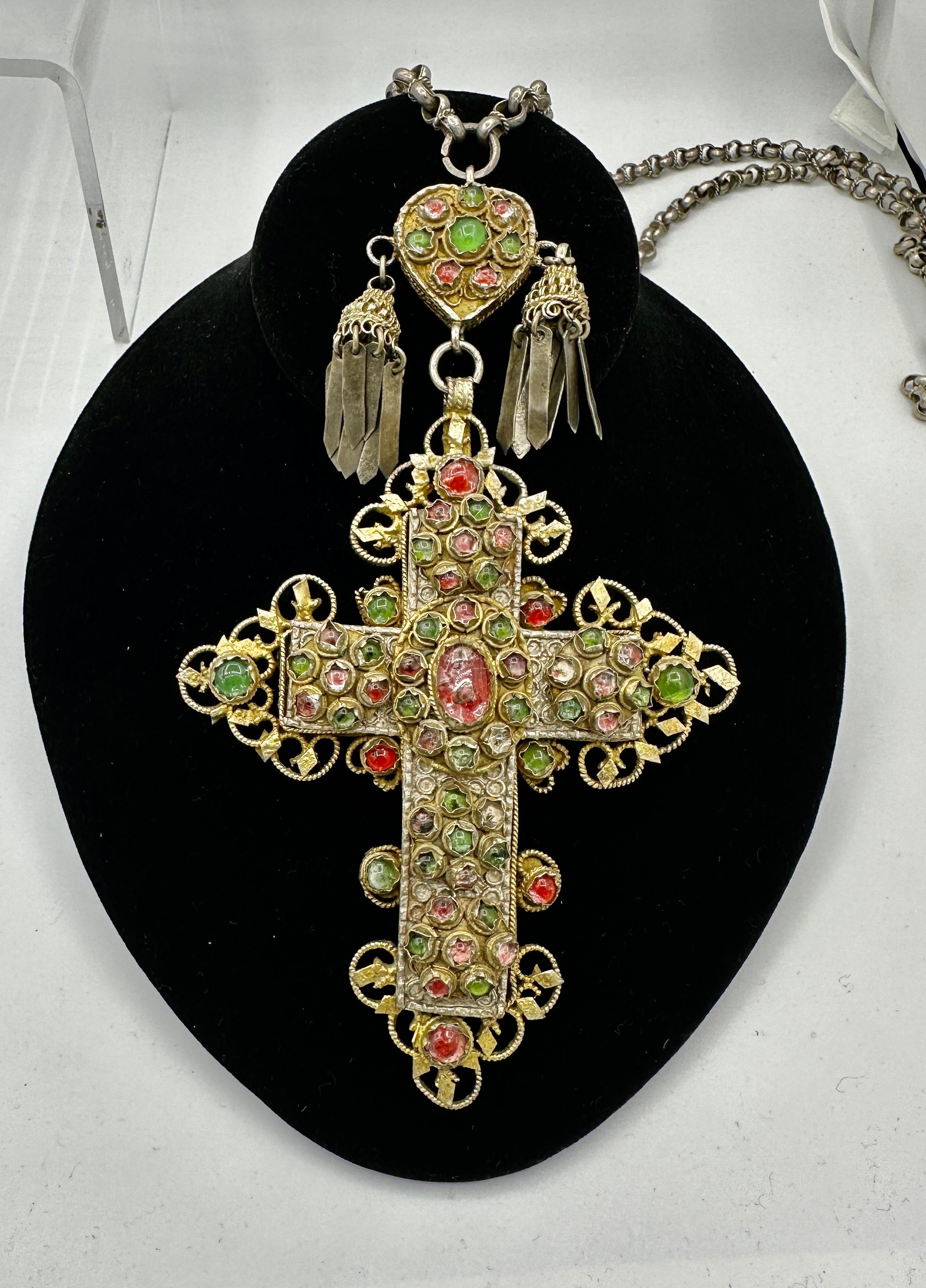 Monumental Jeweled 7 Inch Bishop Cross And Heart Necklace 46 Inch Silver Chain In Excellent Condition For Sale In New York, NY