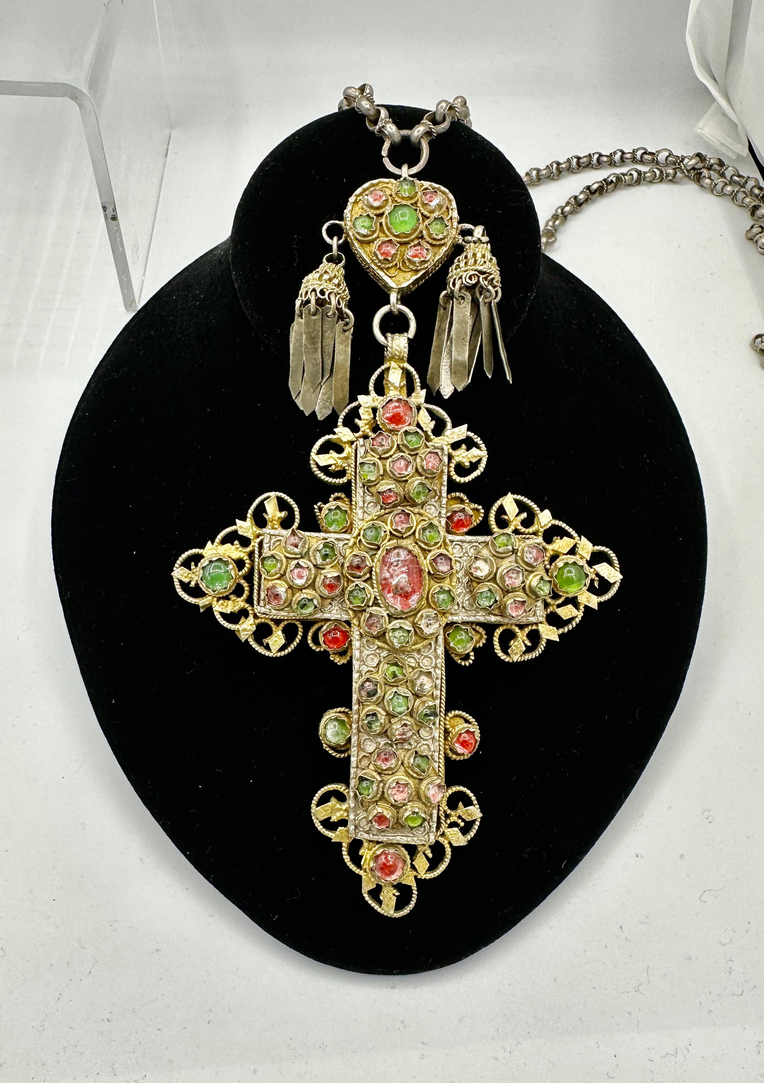 Monumental Jeweled 7 Inch Bishop Cross And Heart Necklace 46 Inch Silver Chain For Sale 2