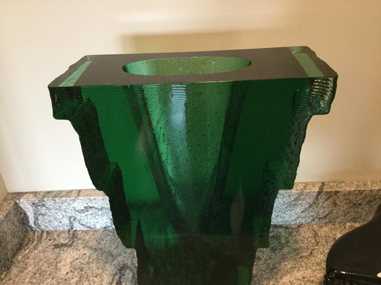Monumental John Lewis Green Sculptural Studio Glass Vase, circa 1980s