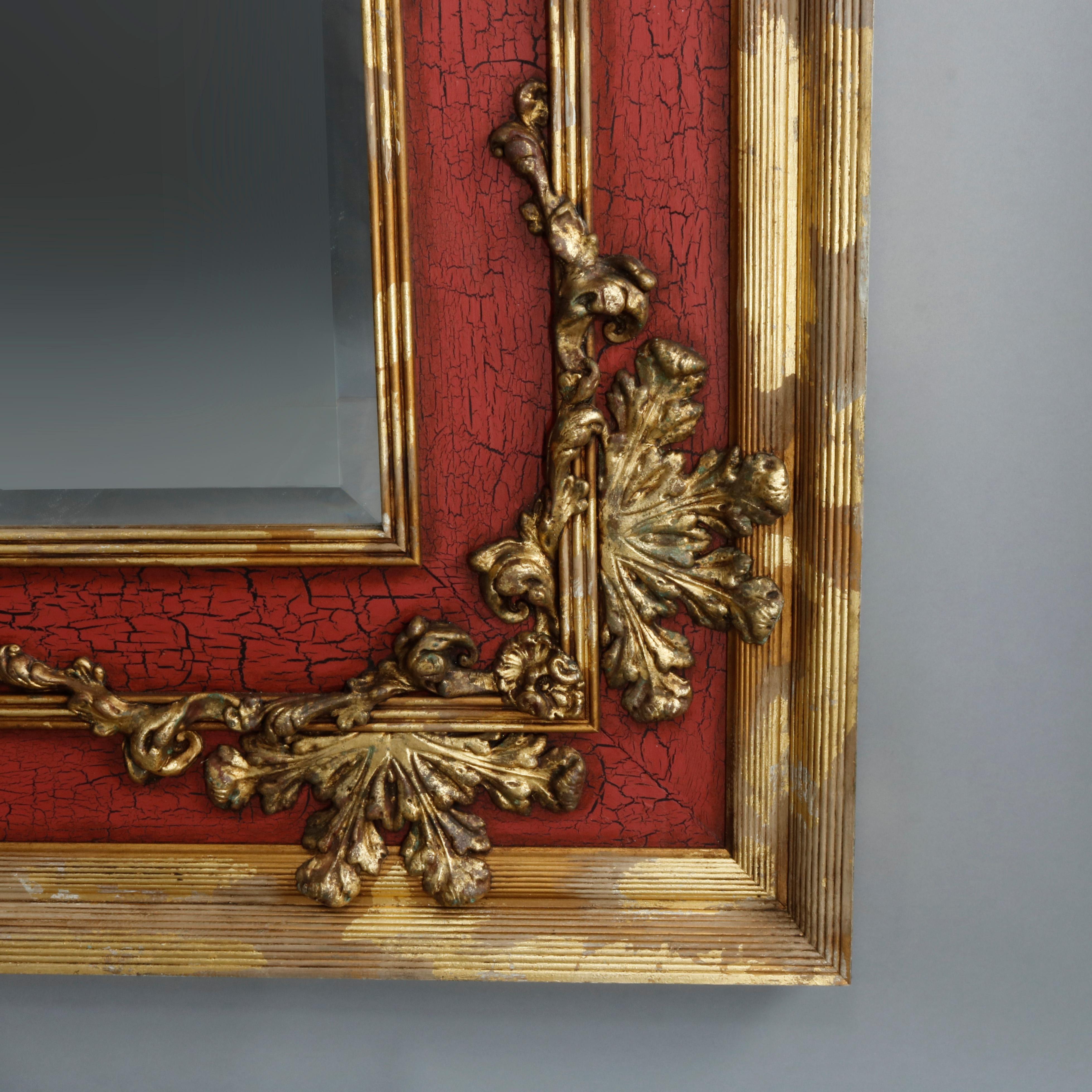 Monumental John-Richard Vermillion Faux Painted & Gilt Over Mantel Mirror 20th C In Good Condition For Sale In Big Flats, NY