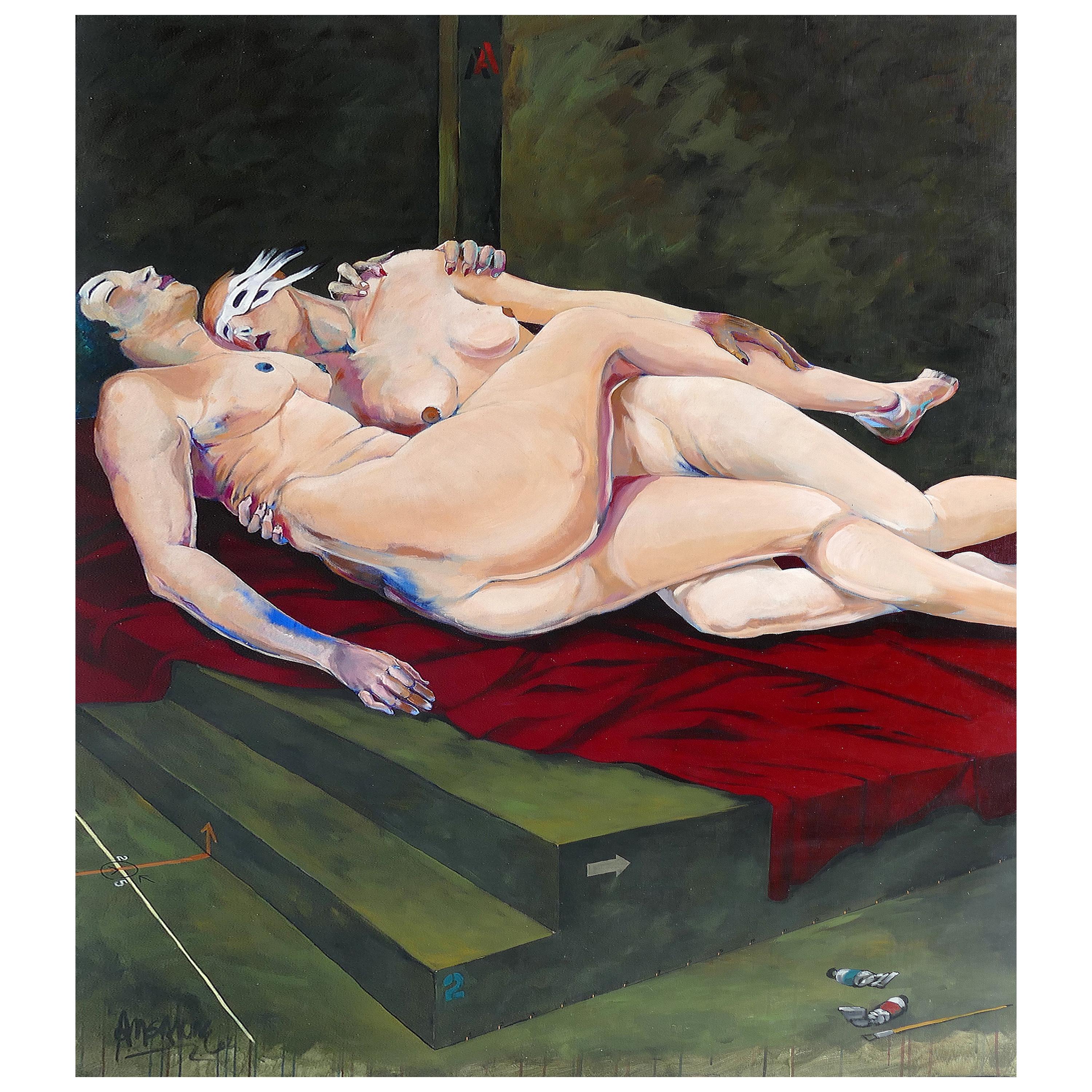 Monumental Jose Mario Ansalone "Lovers" Oil Painting on Canvas, Argentine Artist