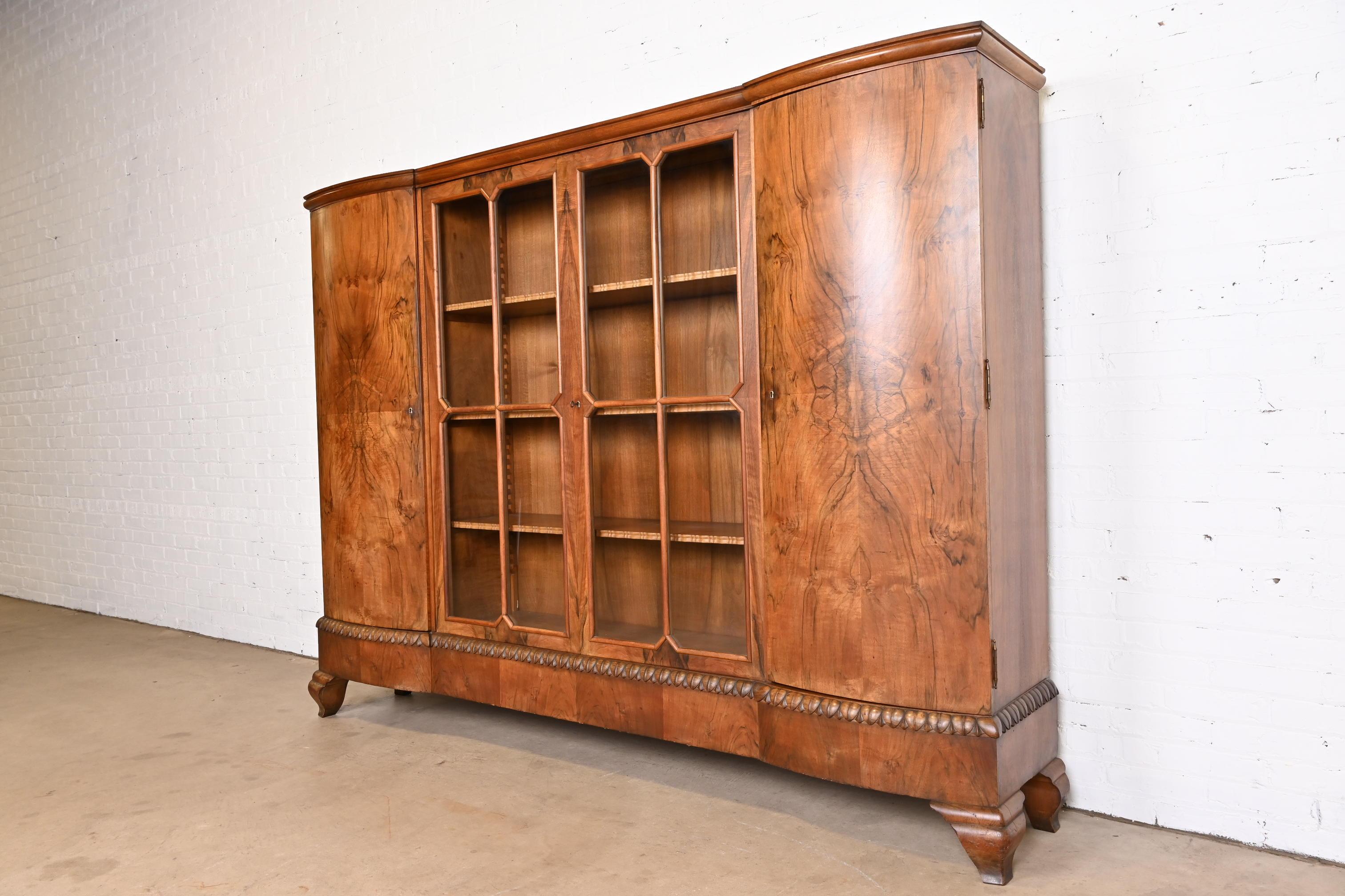 Monumental Jules Leleu Style French Art Deco Burled Walnut Bookcase Cabinet In Good Condition In South Bend, IN