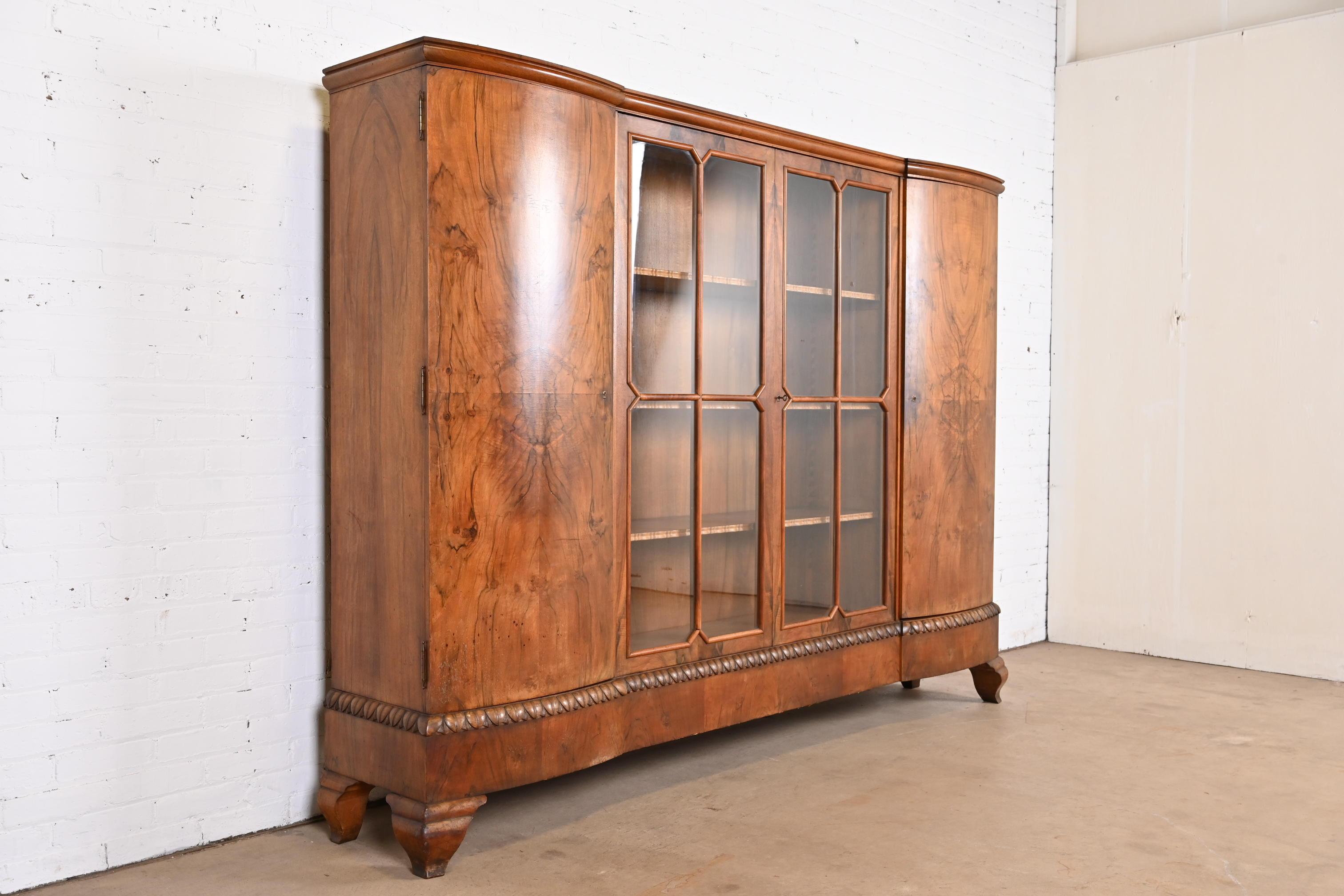 Monumental Jules Leleu Style French Art Deco Burled Walnut Bookcase Cabinet 1