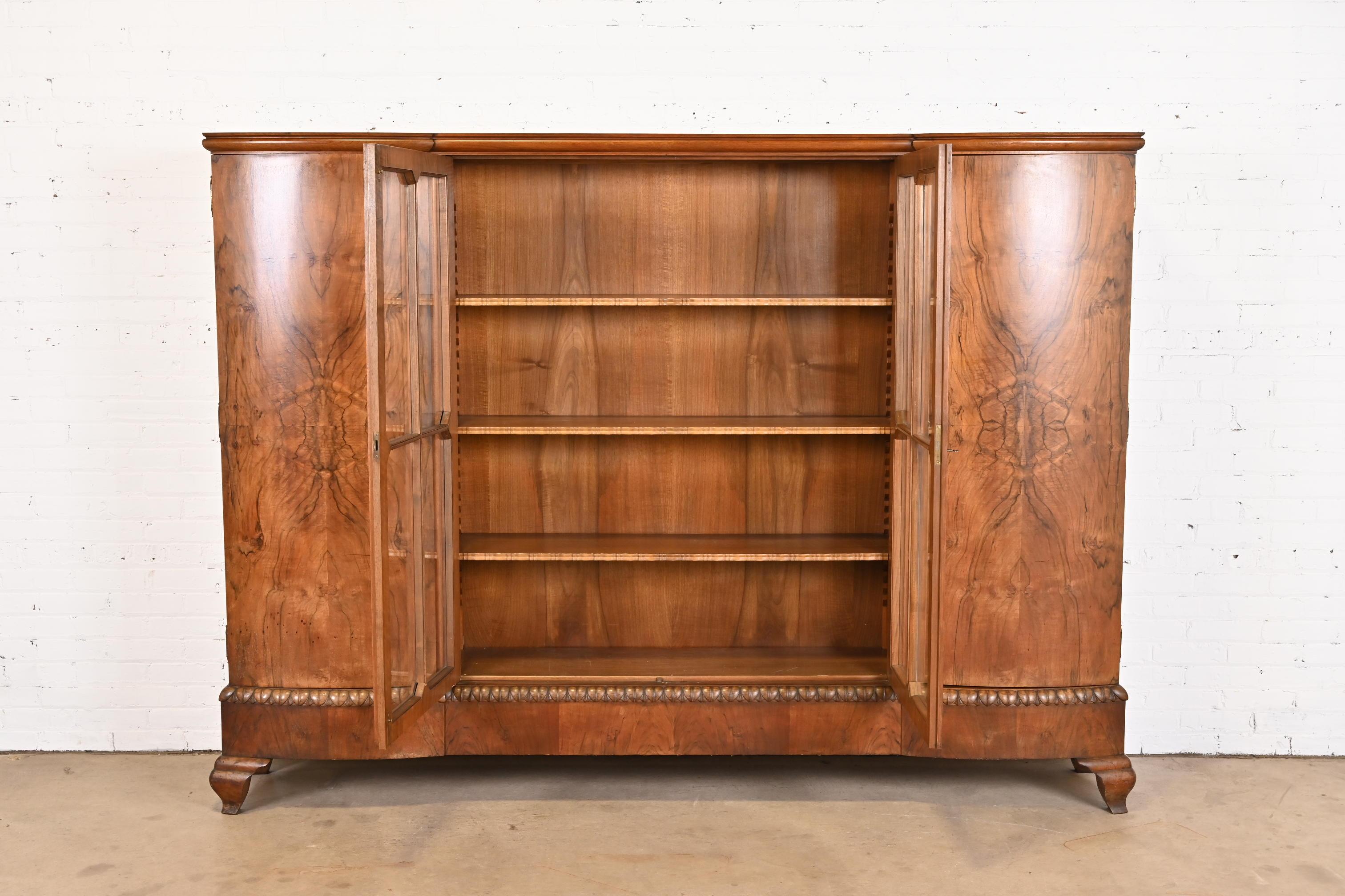 Monumental Jules Leleu Style French Art Deco Burled Walnut Bookcase Cabinet 3