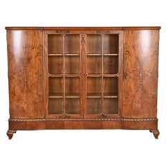 Monumental Jules Leleu Style French Art Deco Burled Walnut Bookcase Cabinet