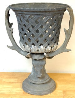 Monumental J.W. Fiske–Attributed Polychromed Lead Stag-Head Reticulated Urn
