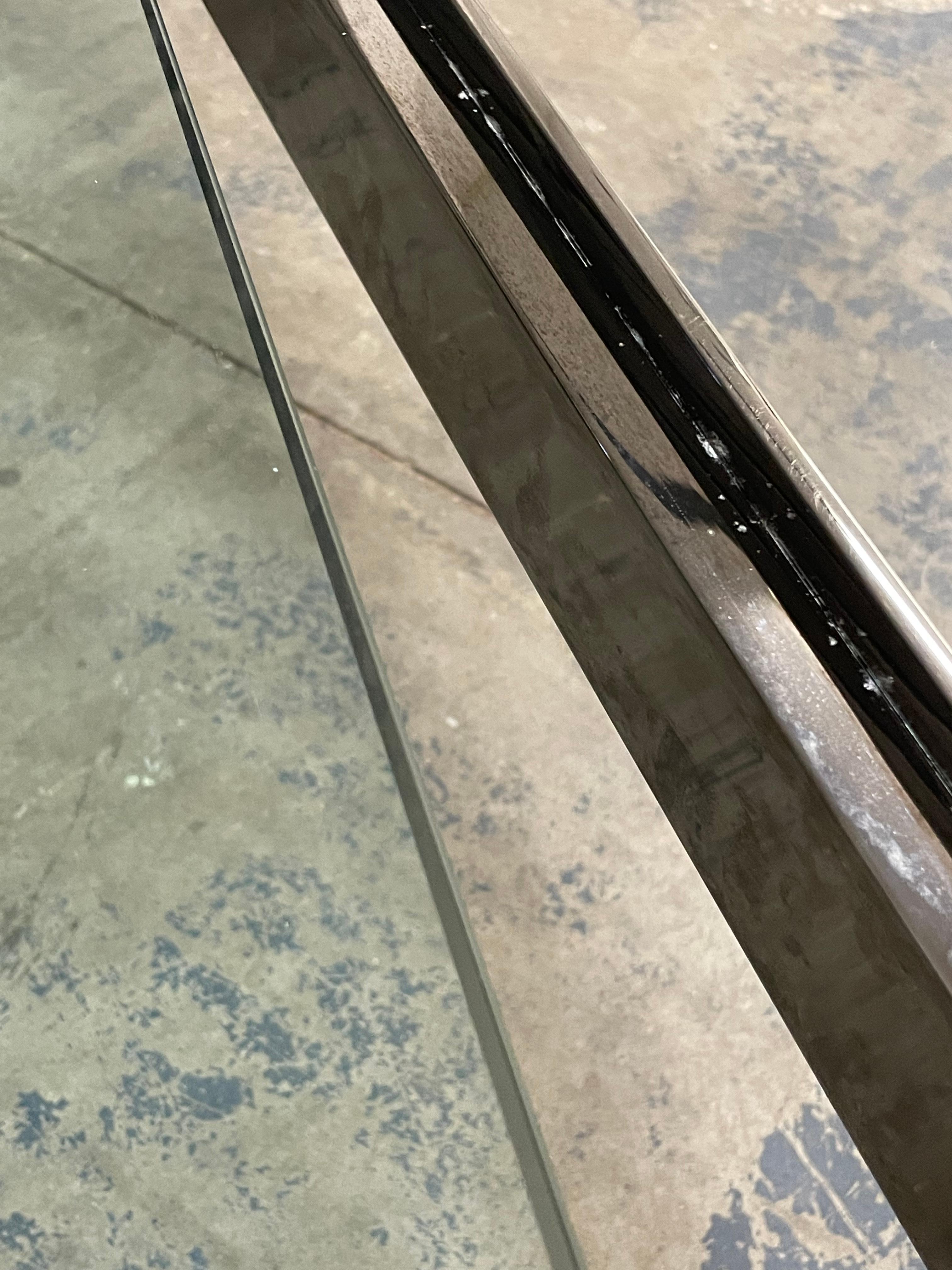 Monumental Karl Springer ‘Banker’ Coffee Table in Polished Gunmetal and Glass 4