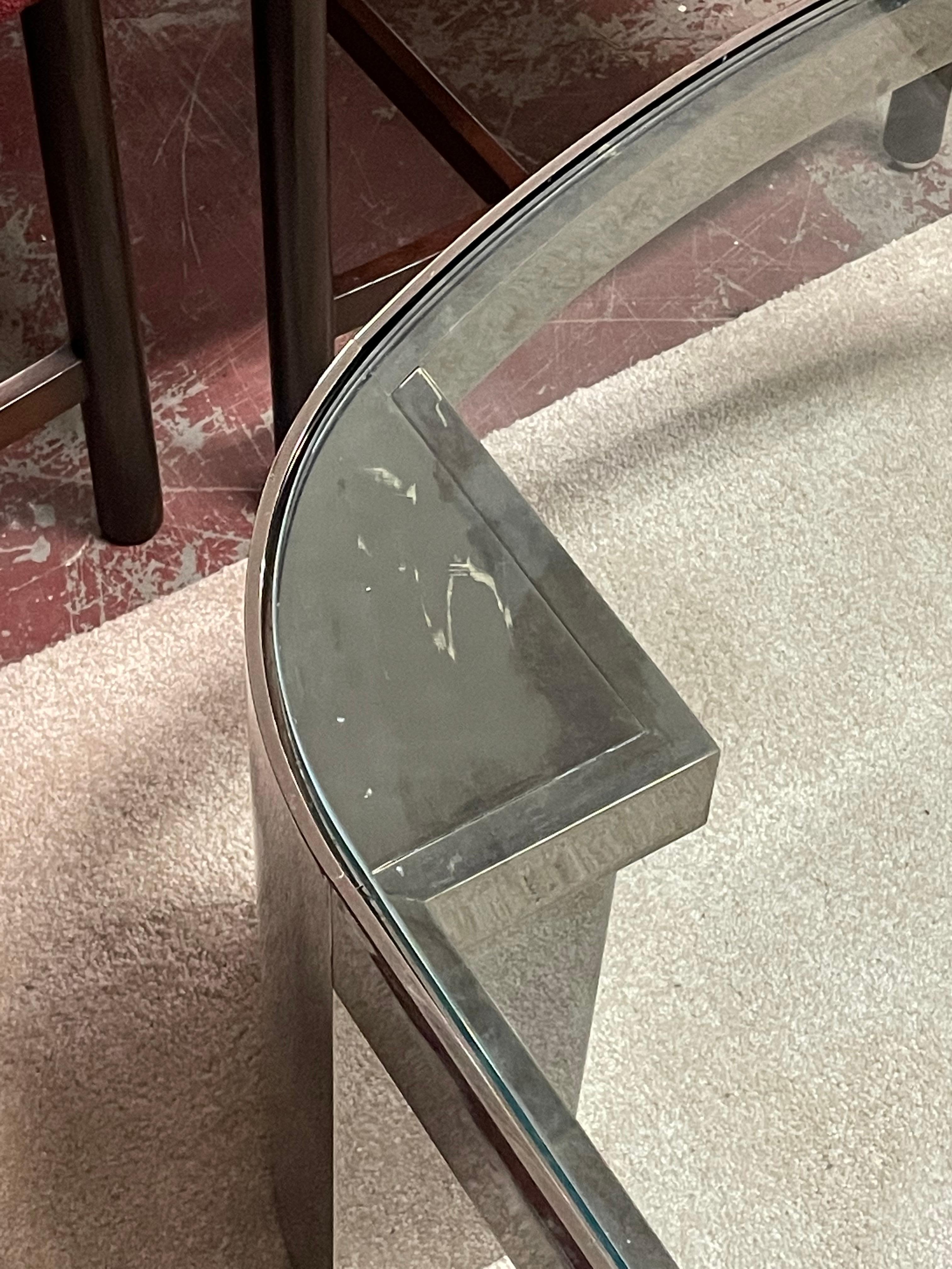 Monumental Karl Springer ‘Banker’ Coffee Table in Polished Gunmetal and Glass 10