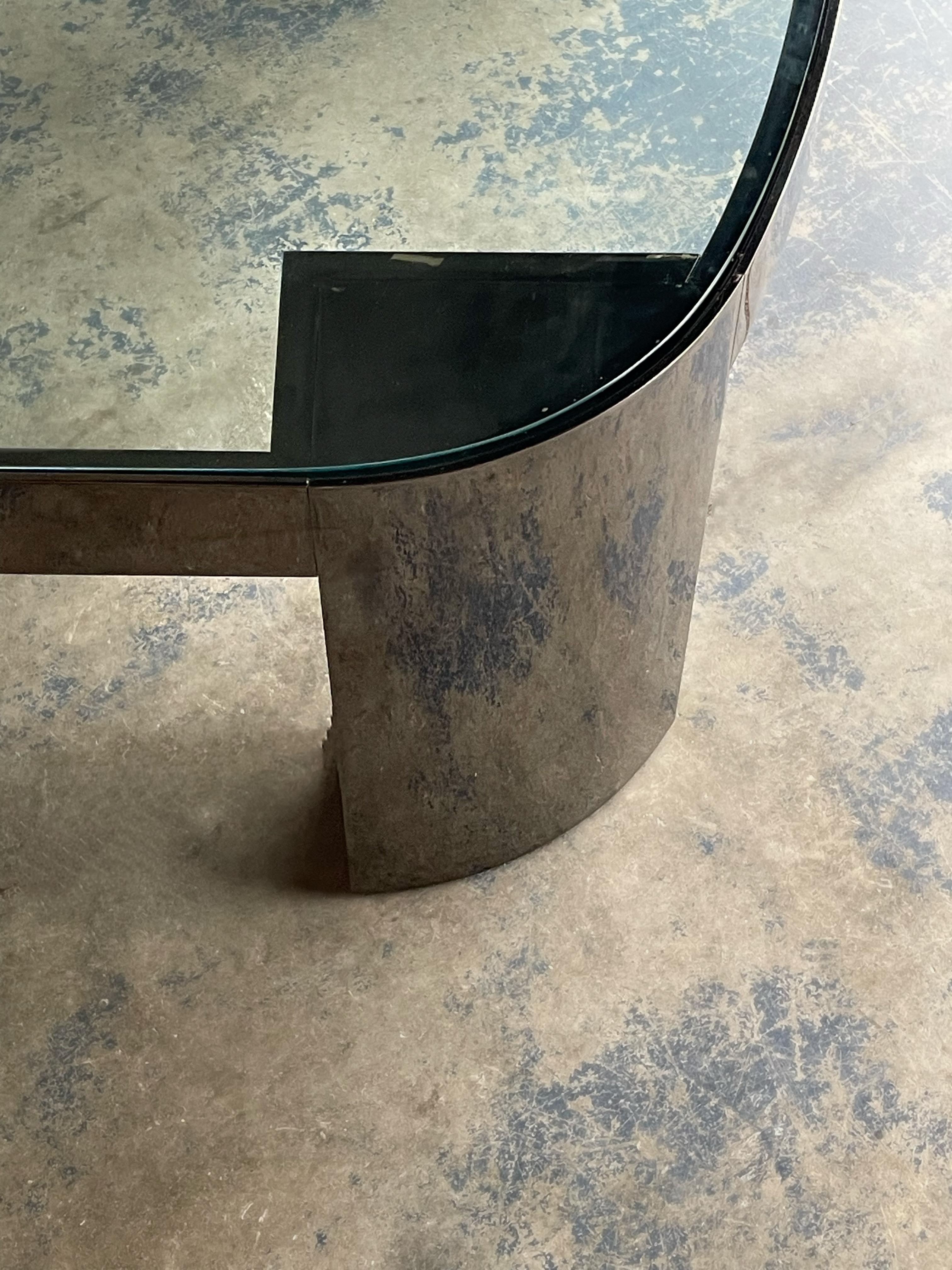 Mid-Century Modern Monumental Karl Springer ‘Banker’ Coffee Table in Polished Gunmetal and Glass