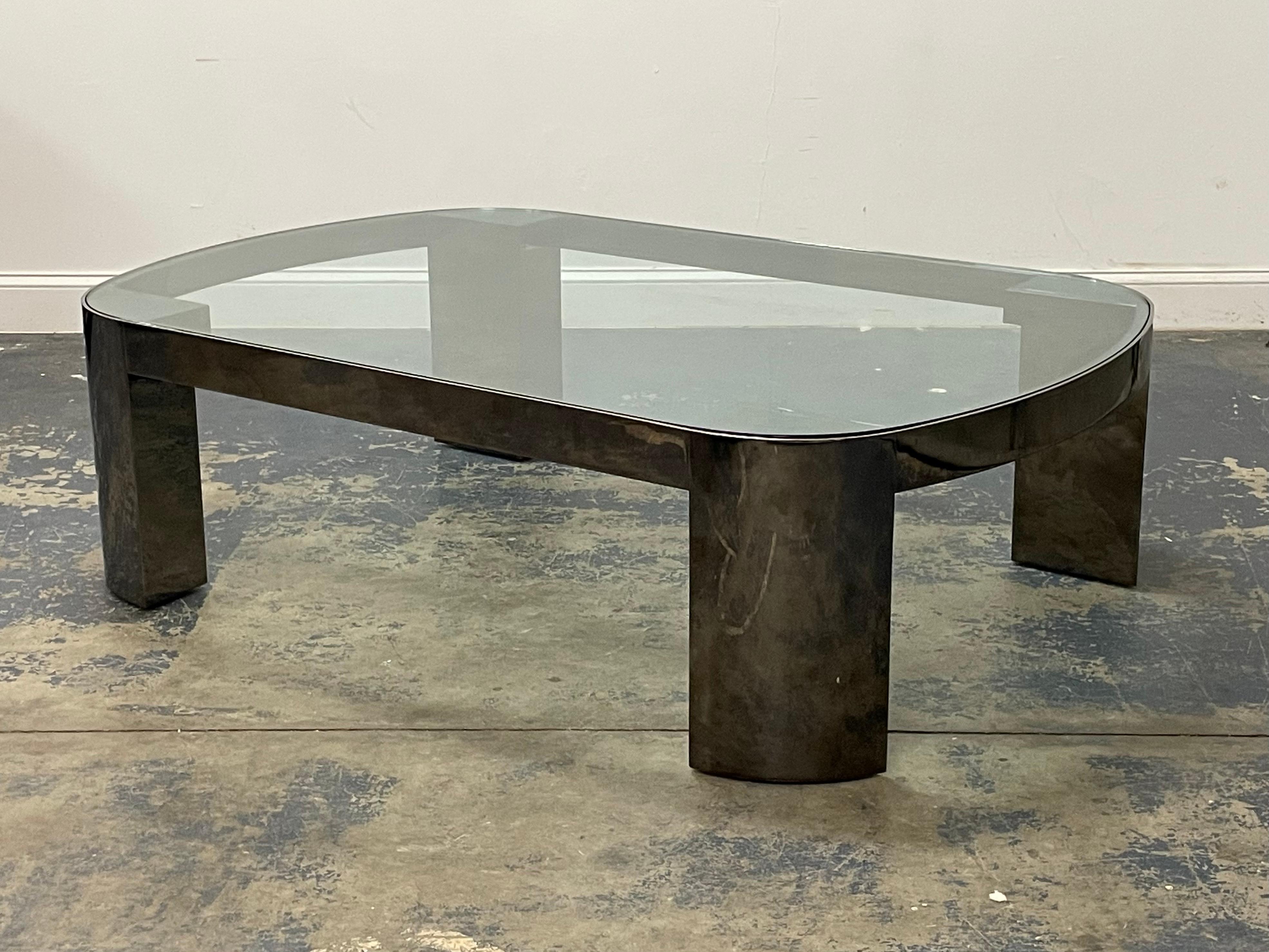 American Monumental Karl Springer ‘Banker’ Coffee Table in Polished Gunmetal and Glass