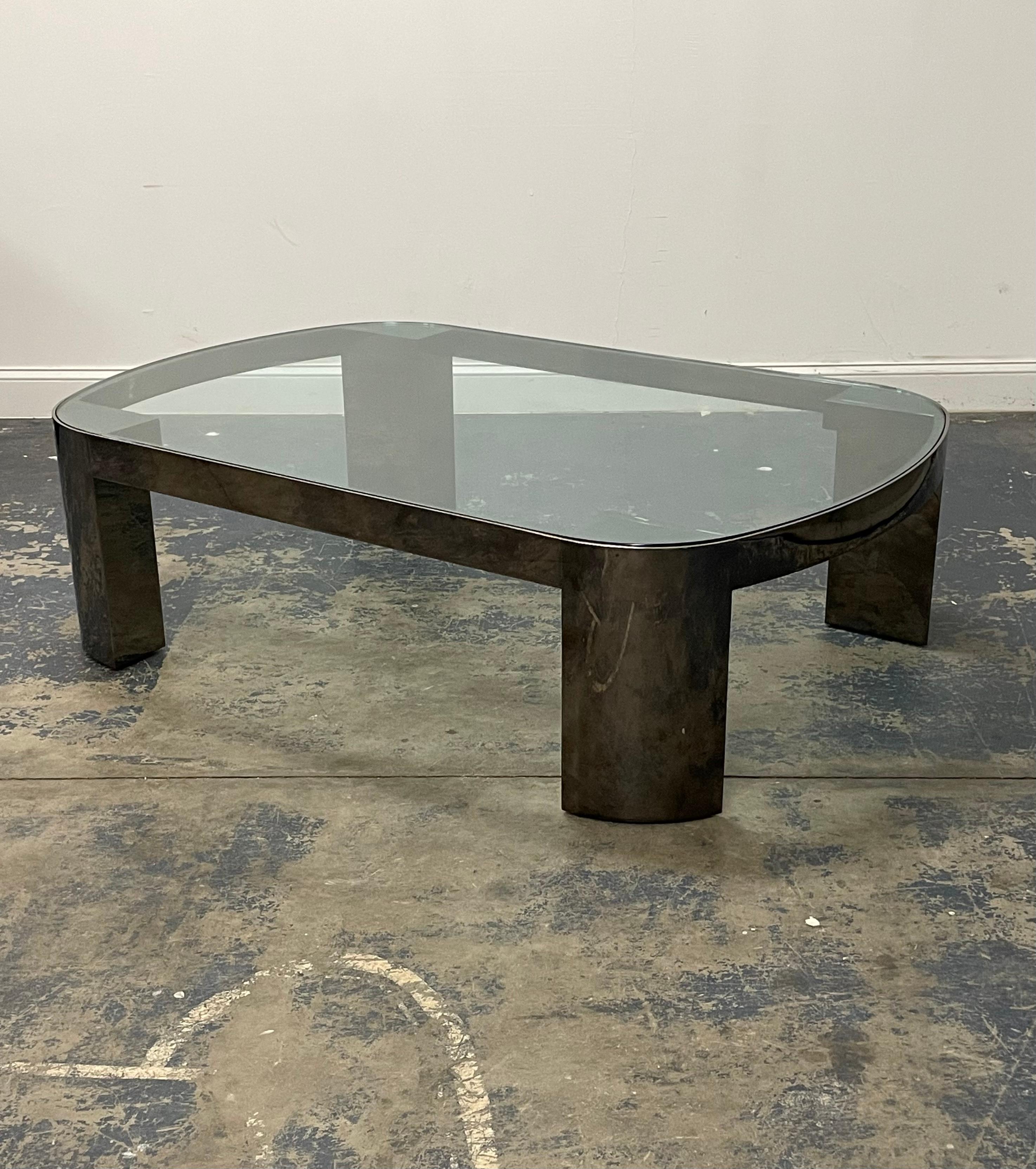 Monumental Karl Springer ‘Banker’ Coffee Table in Polished Gunmetal and Glass In Good Condition In St.Petersburg, FL