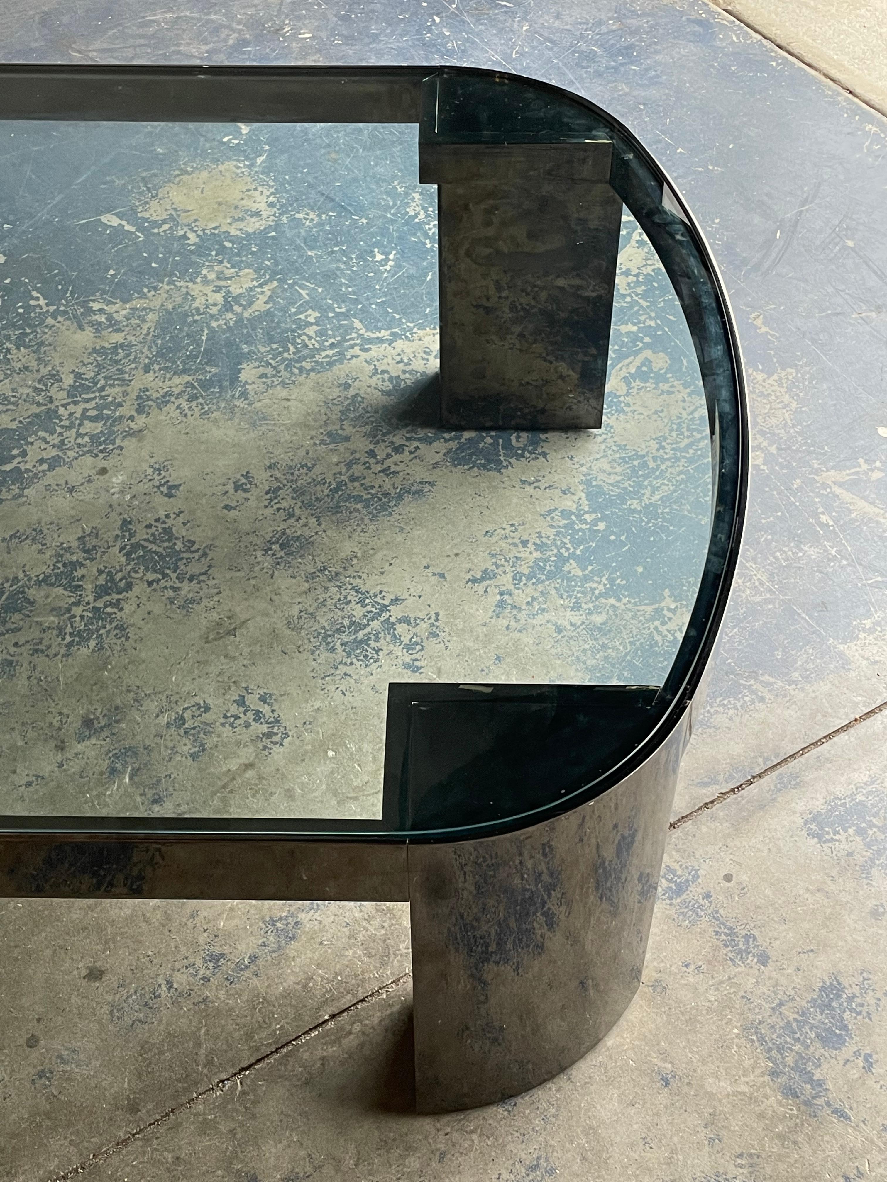 Late 20th Century Monumental Karl Springer ‘Banker’ Coffee Table in Polished Gunmetal and Glass