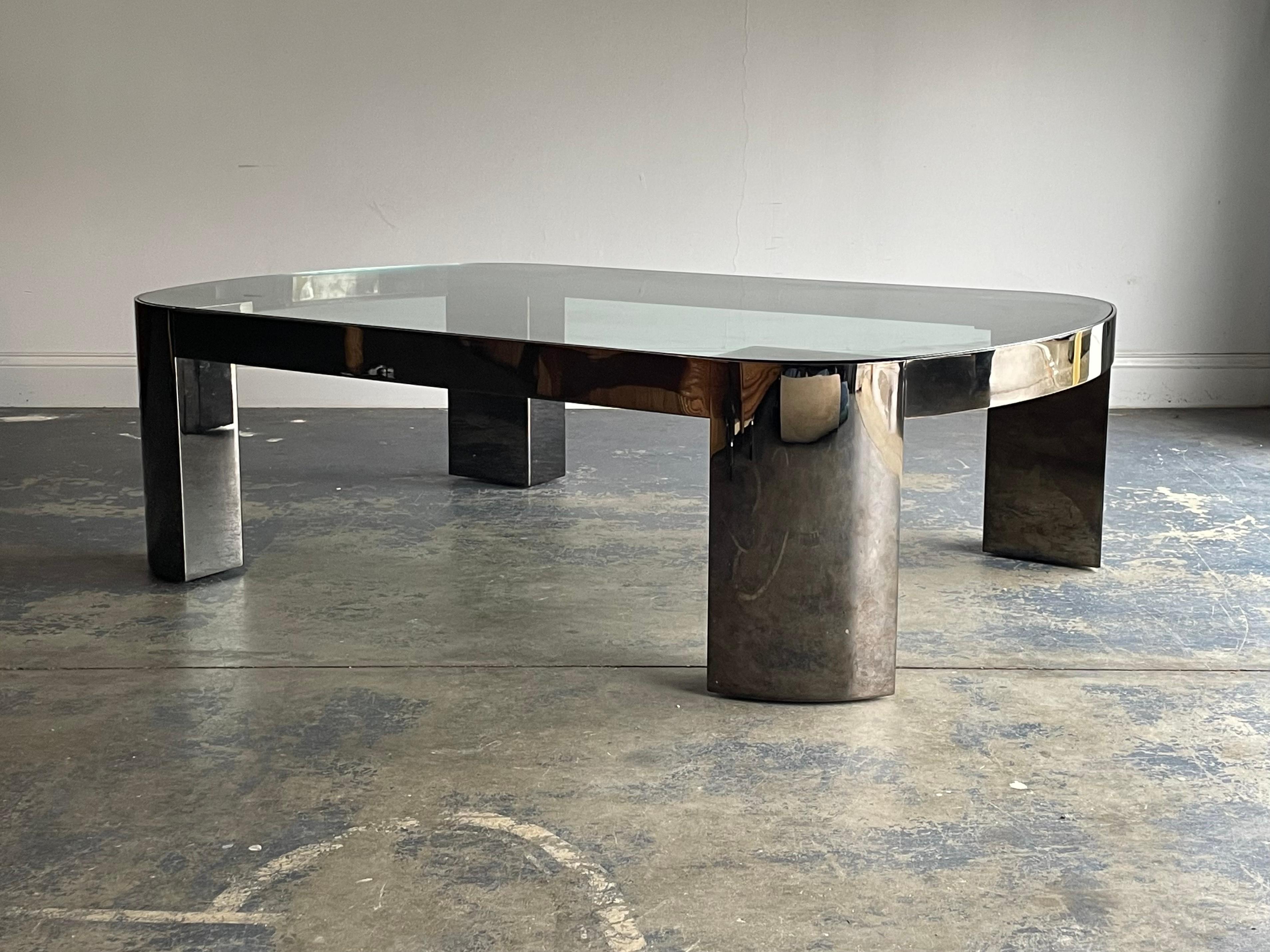 Metal Monumental Karl Springer ‘Banker’ Coffee Table in Polished Gunmetal and Glass