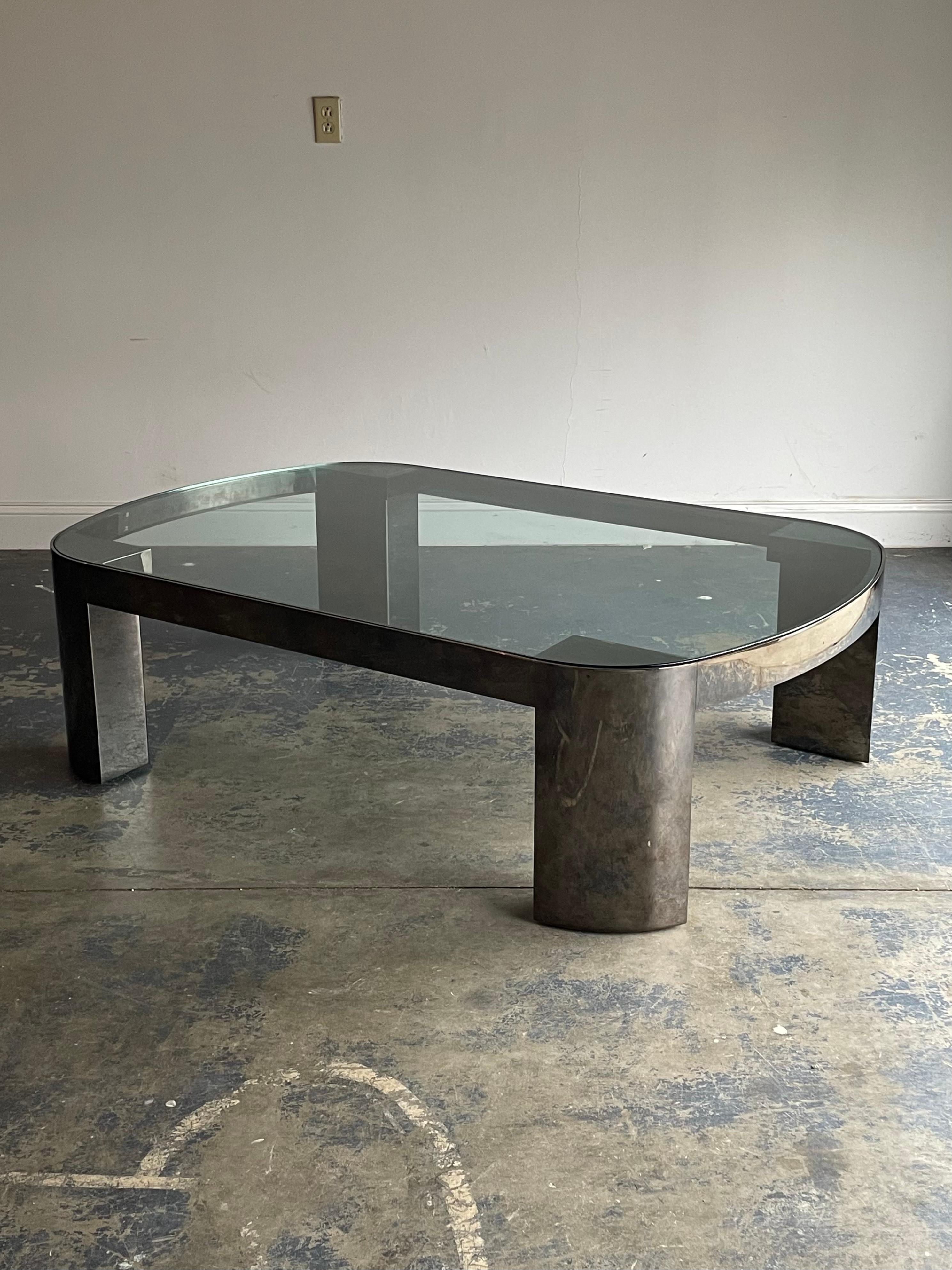 Monumental Karl Springer ‘Banker’ Coffee Table in Polished Gunmetal and Glass 1