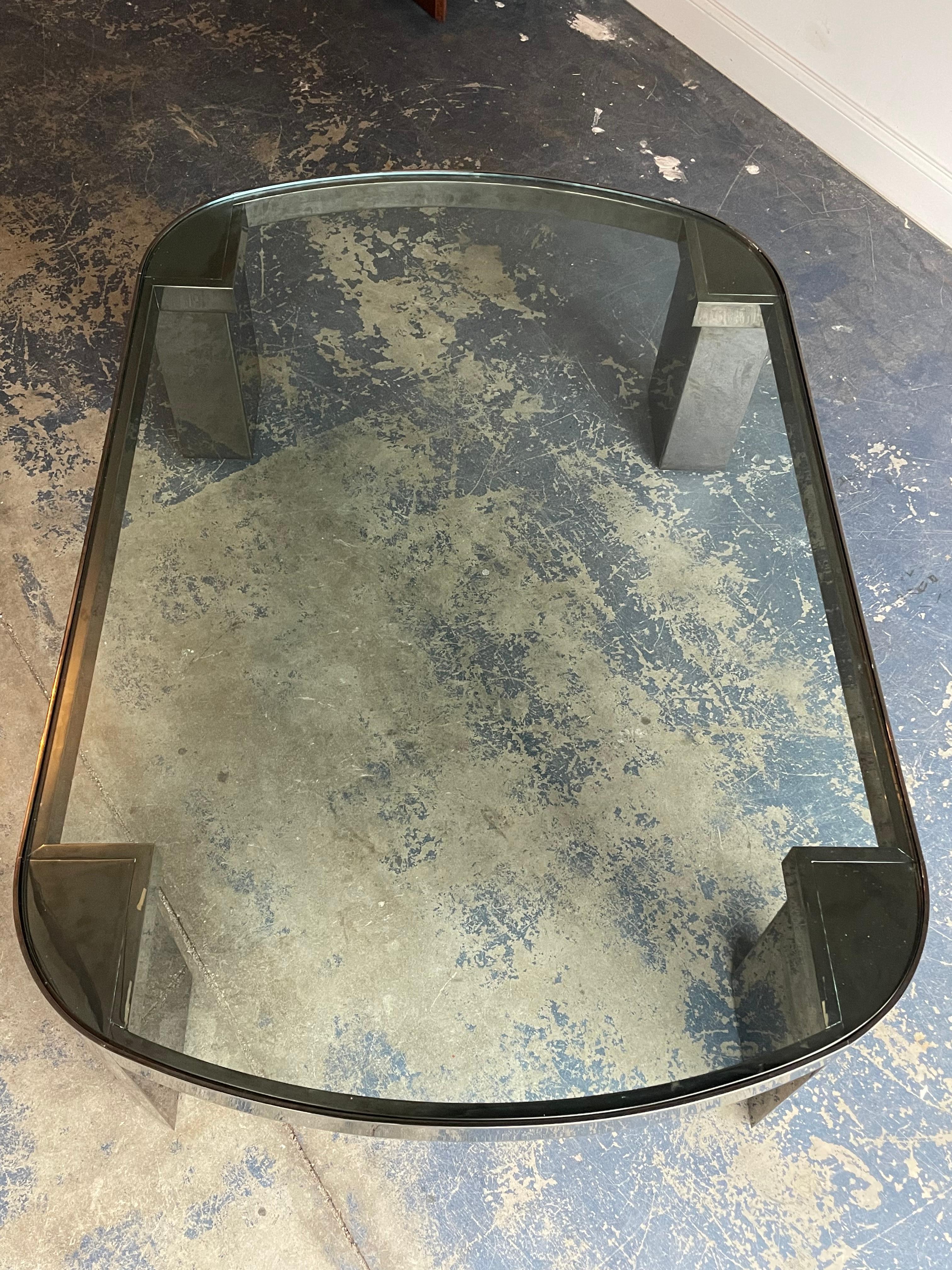 Monumental Karl Springer ‘Banker’ Coffee Table in Polished Gunmetal and Glass 2