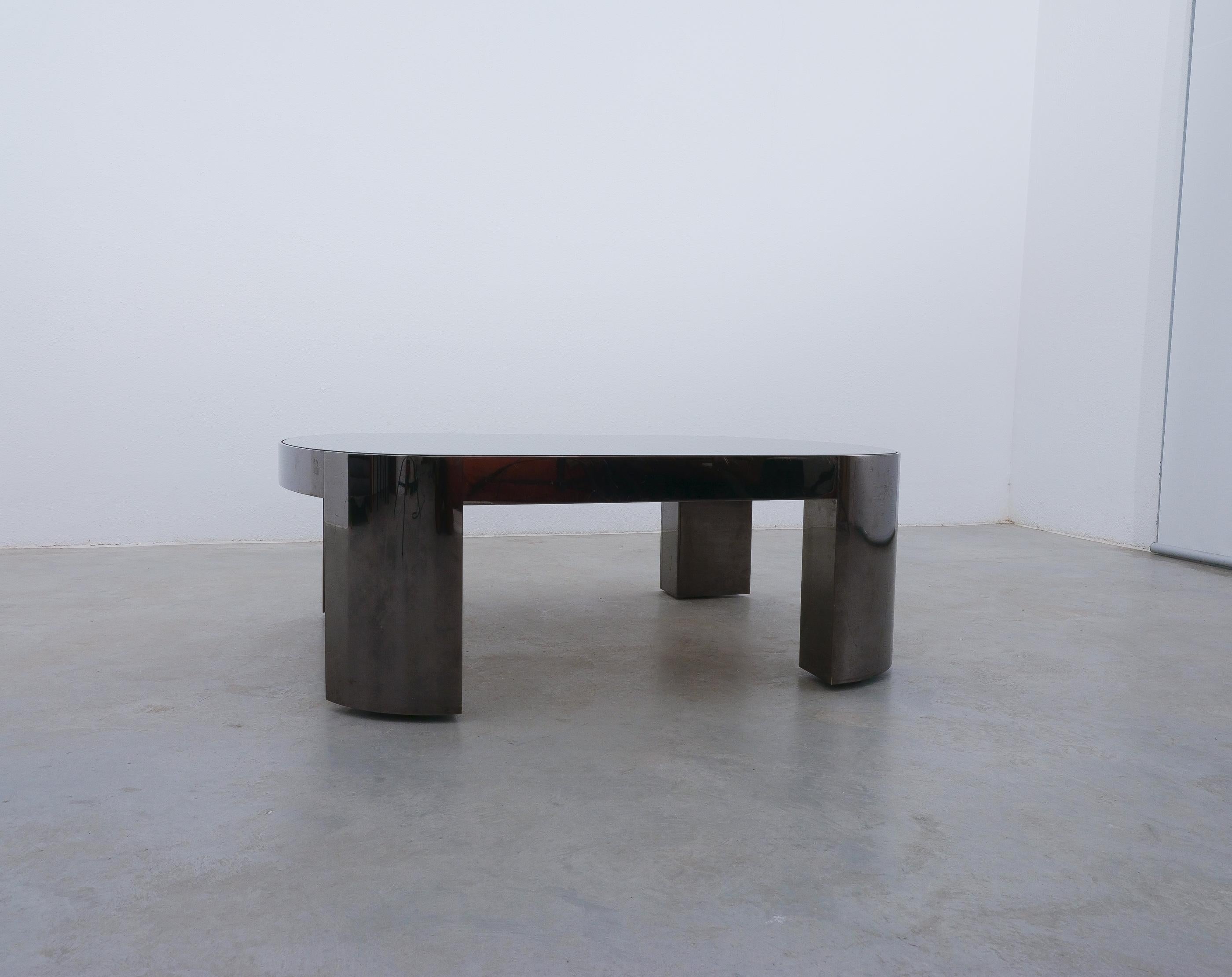 Monumental Karl Springer ‘Banker’ Coffee Table Polished Gunmetal Glass, 1970 For Sale 10