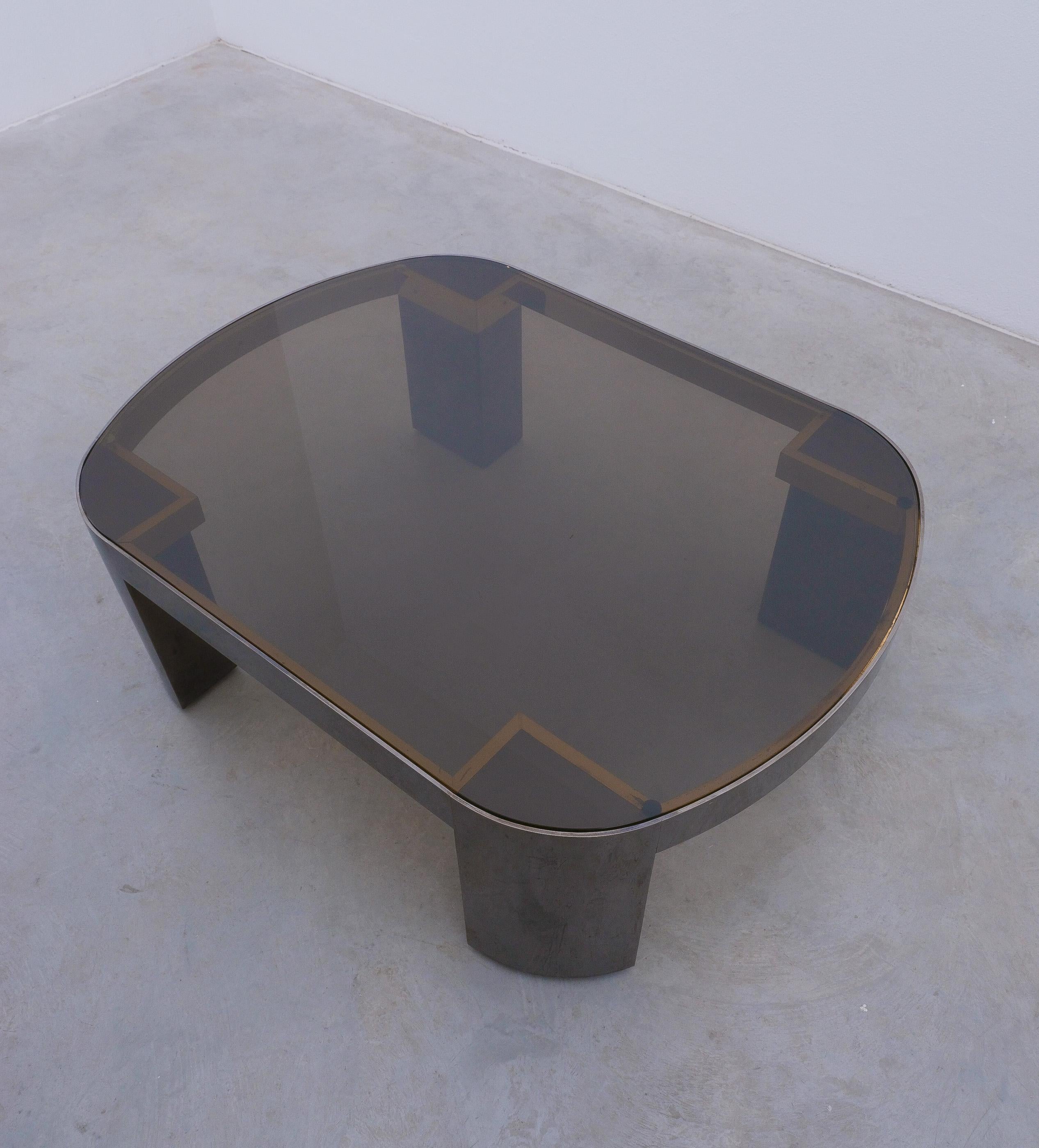 American Monumental Karl Springer ‘Banker’ Coffee Table Polished Gunmetal Glass, 1970 For Sale