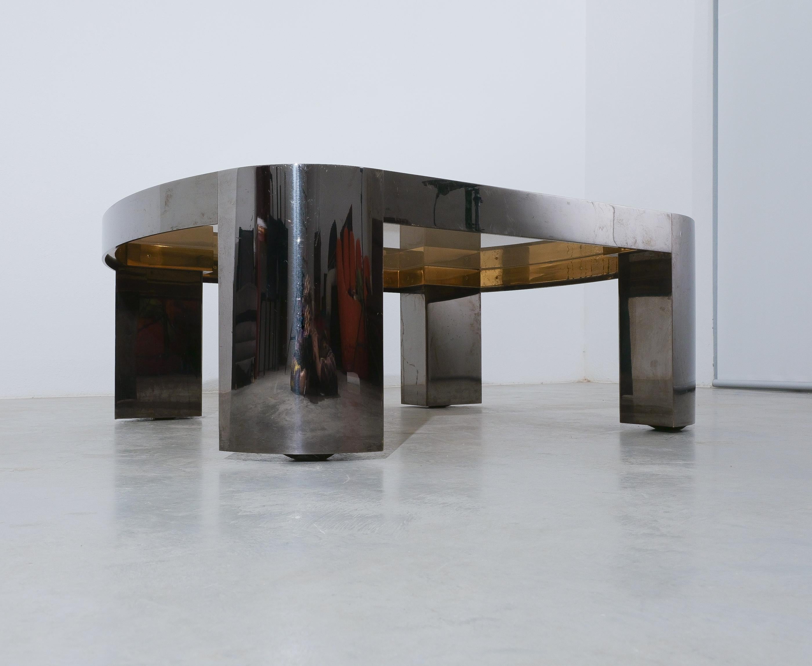 Late 20th Century Monumental Karl Springer ‘Banker’ Coffee Table Polished Gunmetal Glass, 1970 For Sale