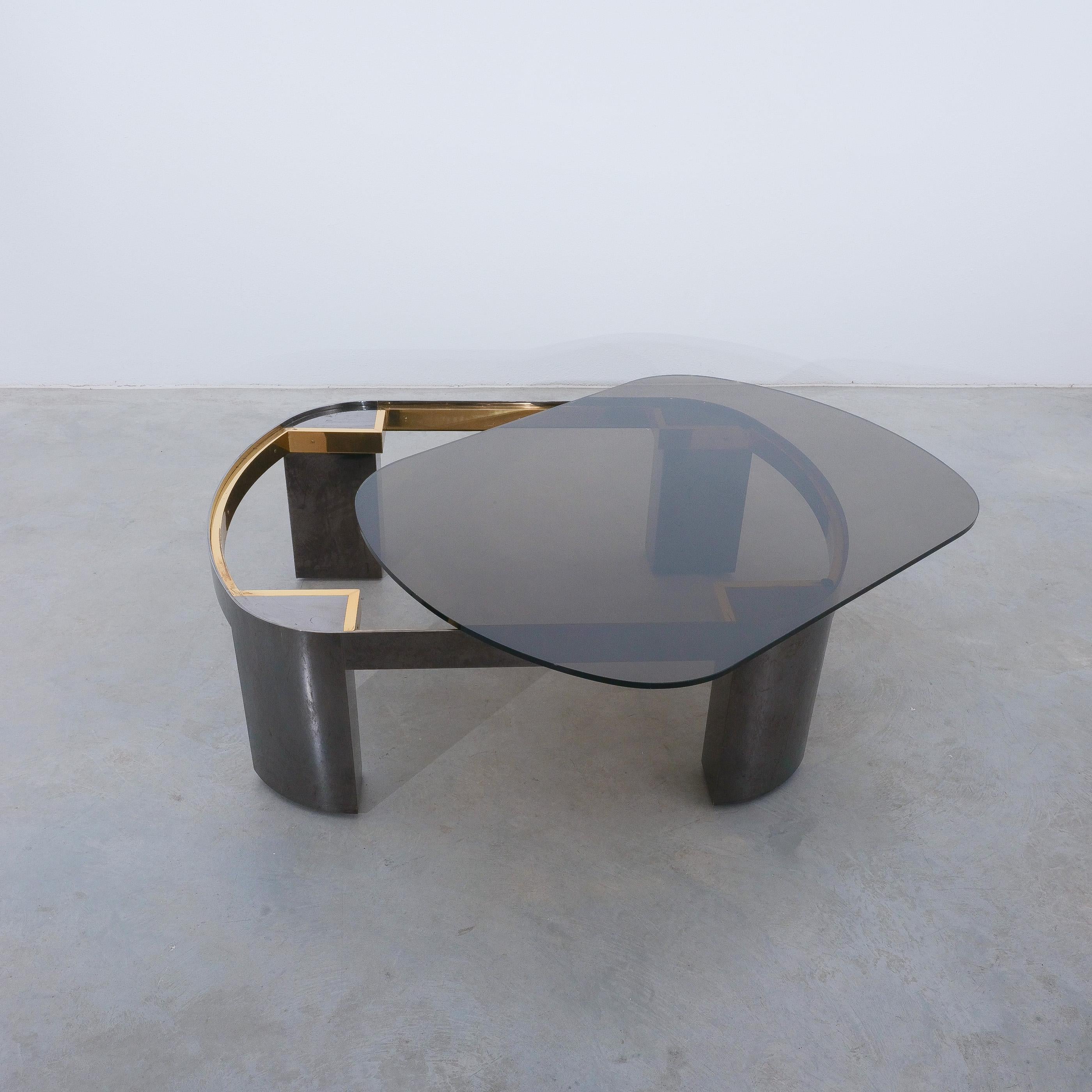 Brass Monumental Karl Springer ‘Banker’ Coffee Table Polished Gunmetal Glass, 1970 For Sale