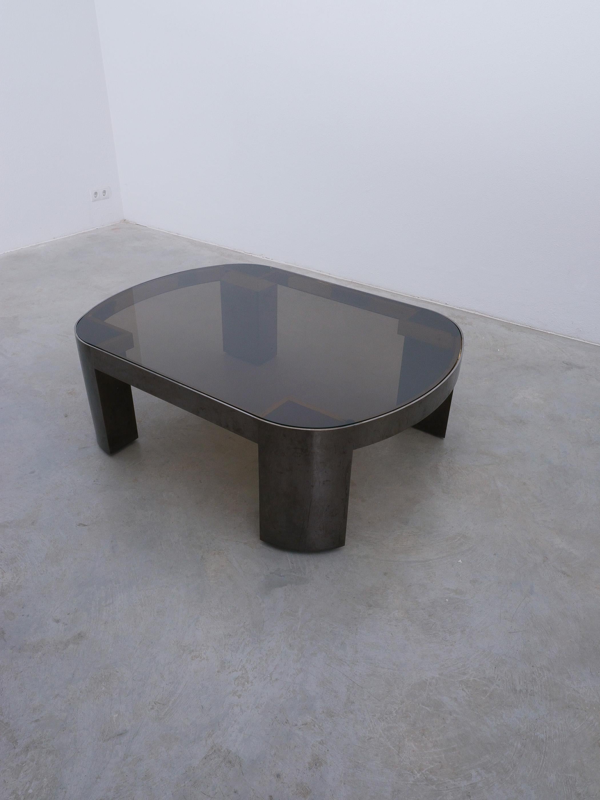 Monumental Karl Springer ‘Banker’ Coffee Table Polished Gunmetal Glass, 1970 For Sale 2