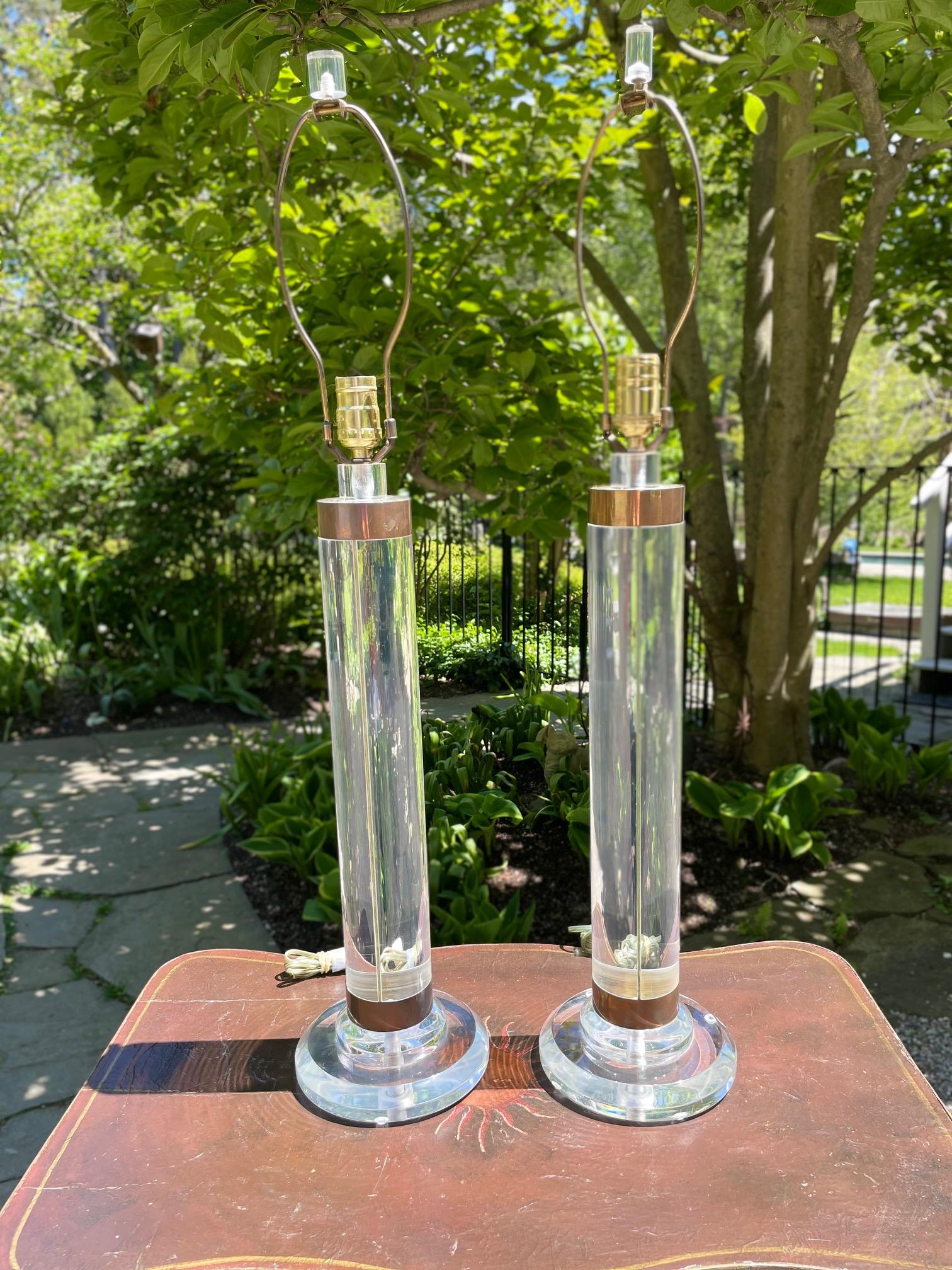 Monumental Karl Springer Lucite and Brass Cylinder Table Lamps In Excellent Condition In Mt Kisco, NY
