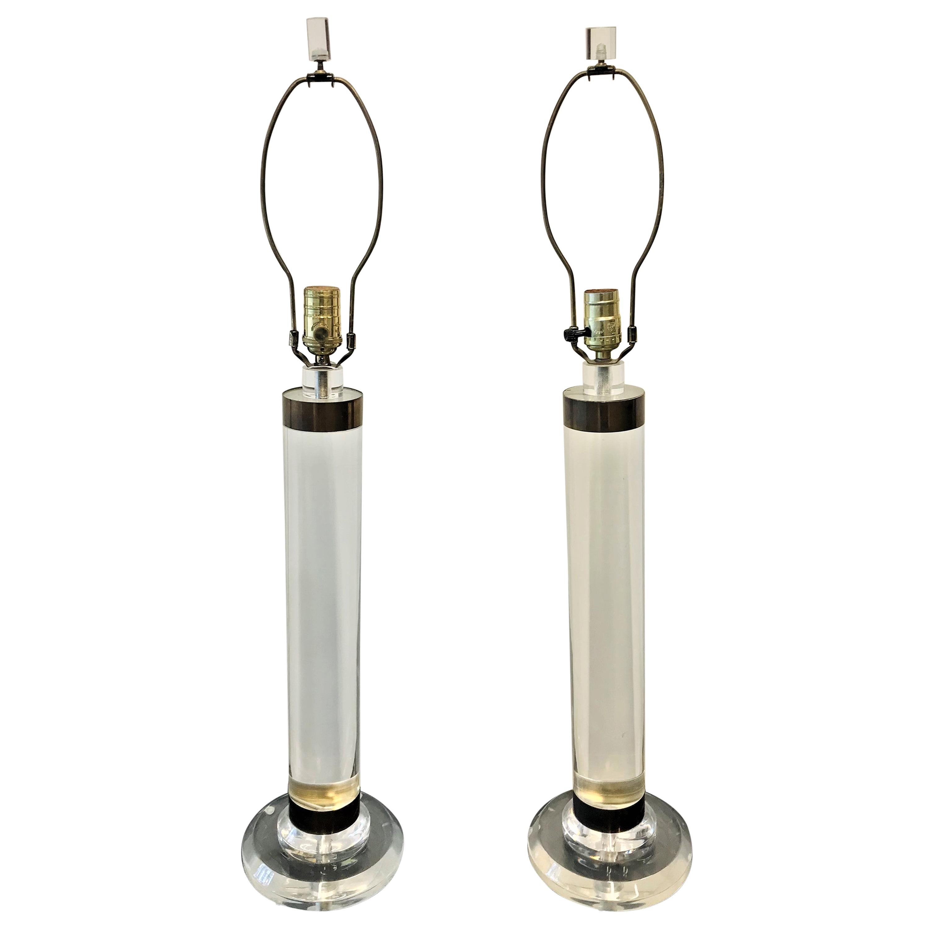 Monumental Karl Springer Lucite and Brass Cylinder Table Lamps