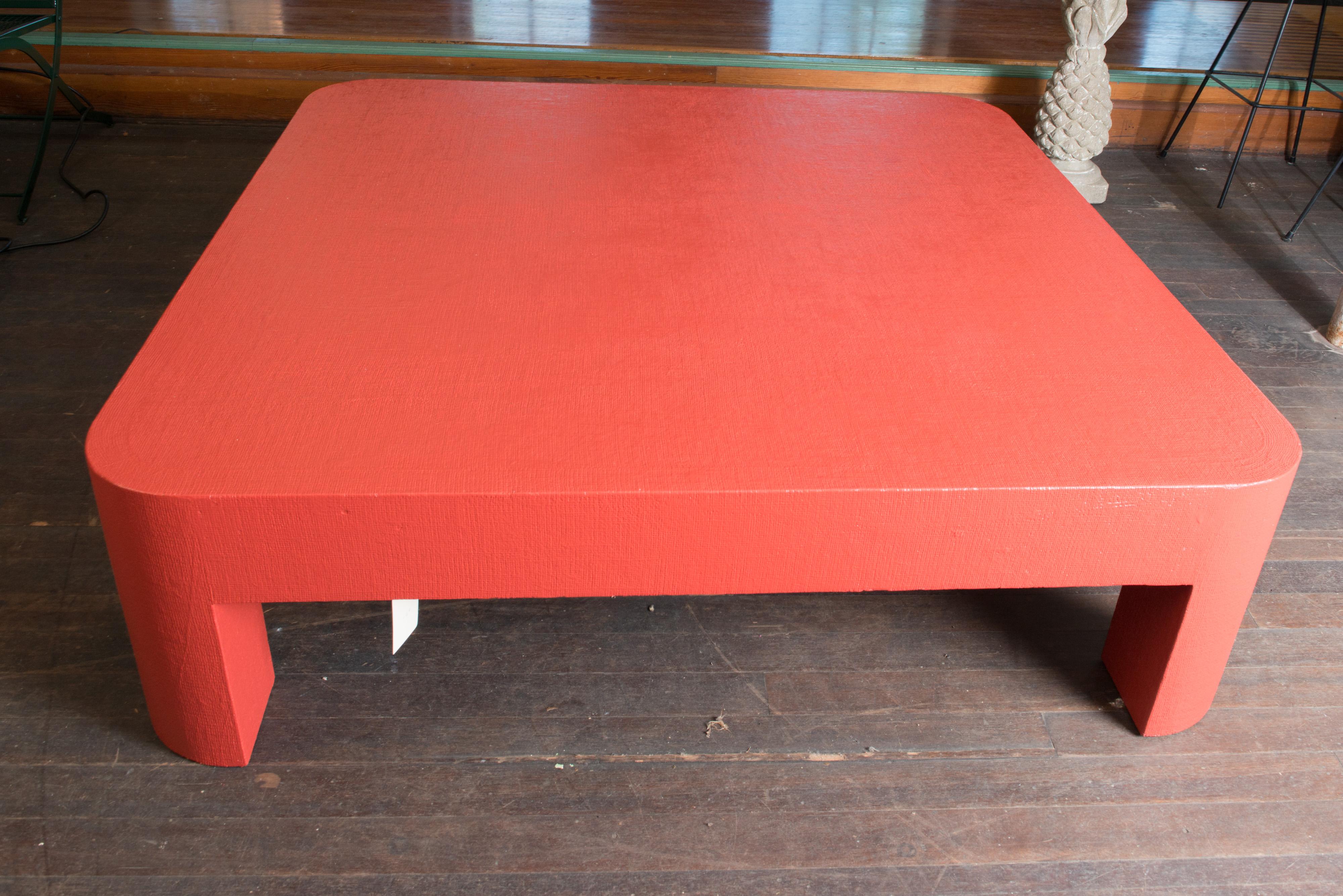 American Monumental Karl Springer Style Red Grasscloth Coffee Table
