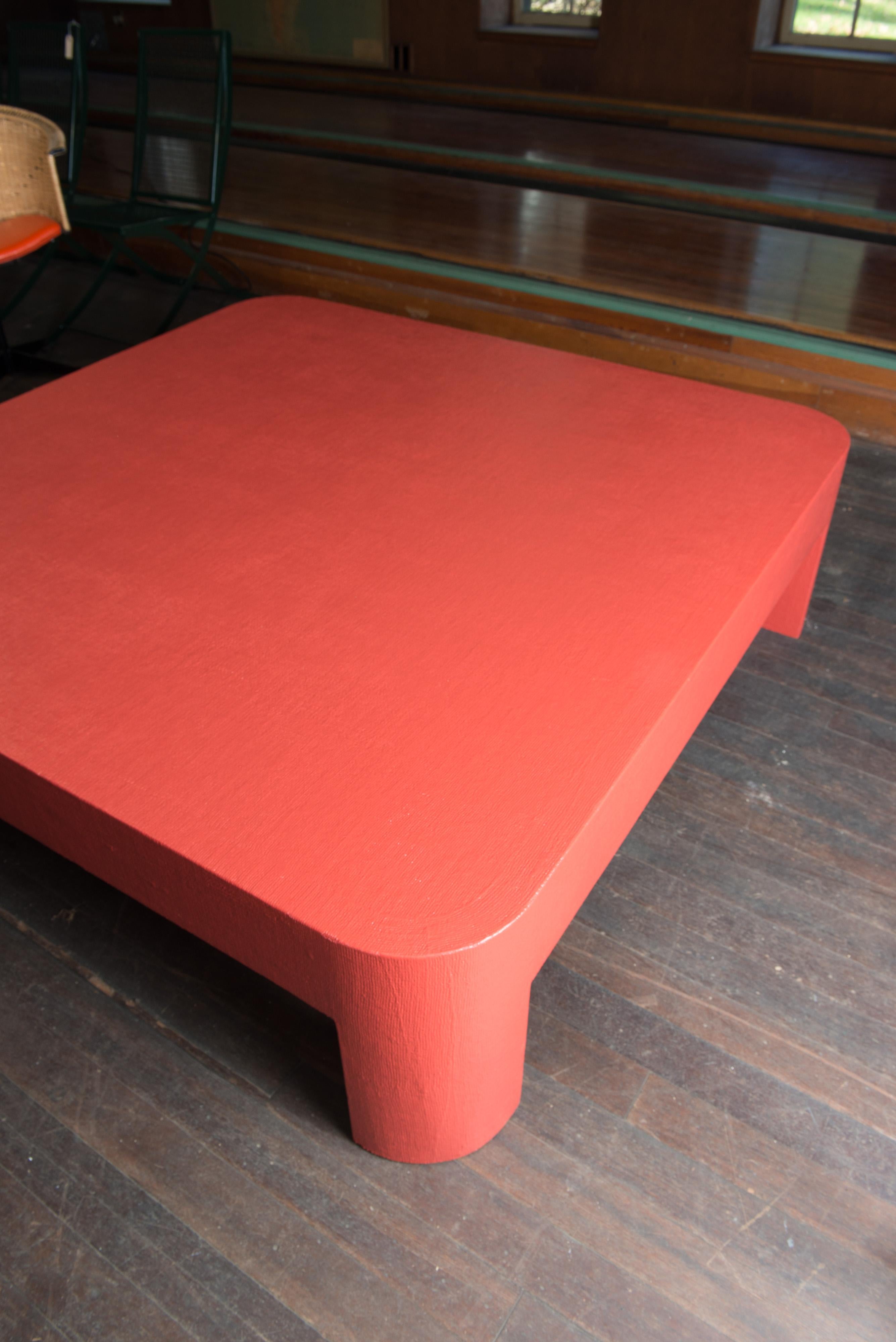 Late 20th Century Monumental Karl Springer Style Red Grasscloth Coffee Table
