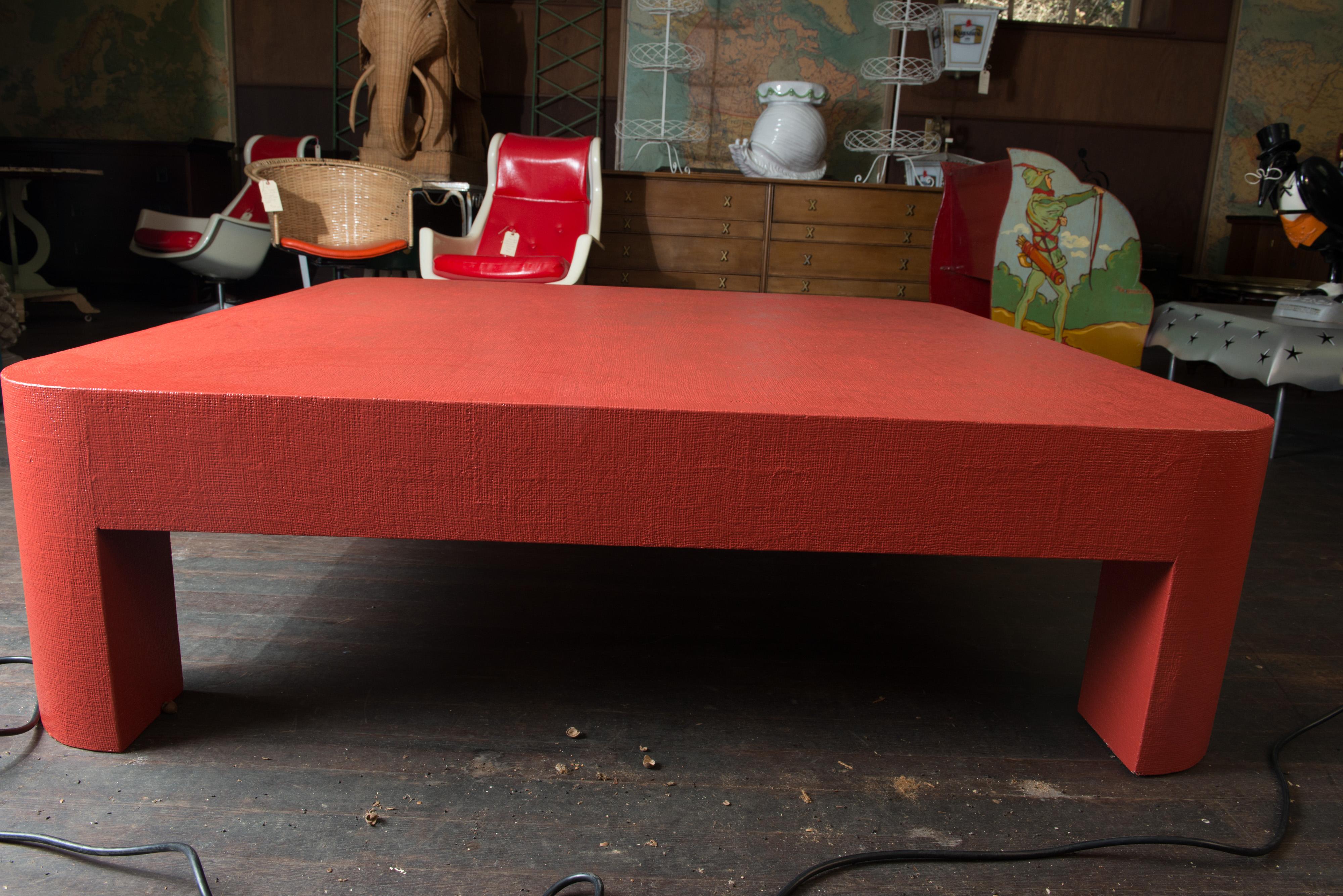 Monumental Karl Springer Style Red Grasscloth Coffee Table 4
