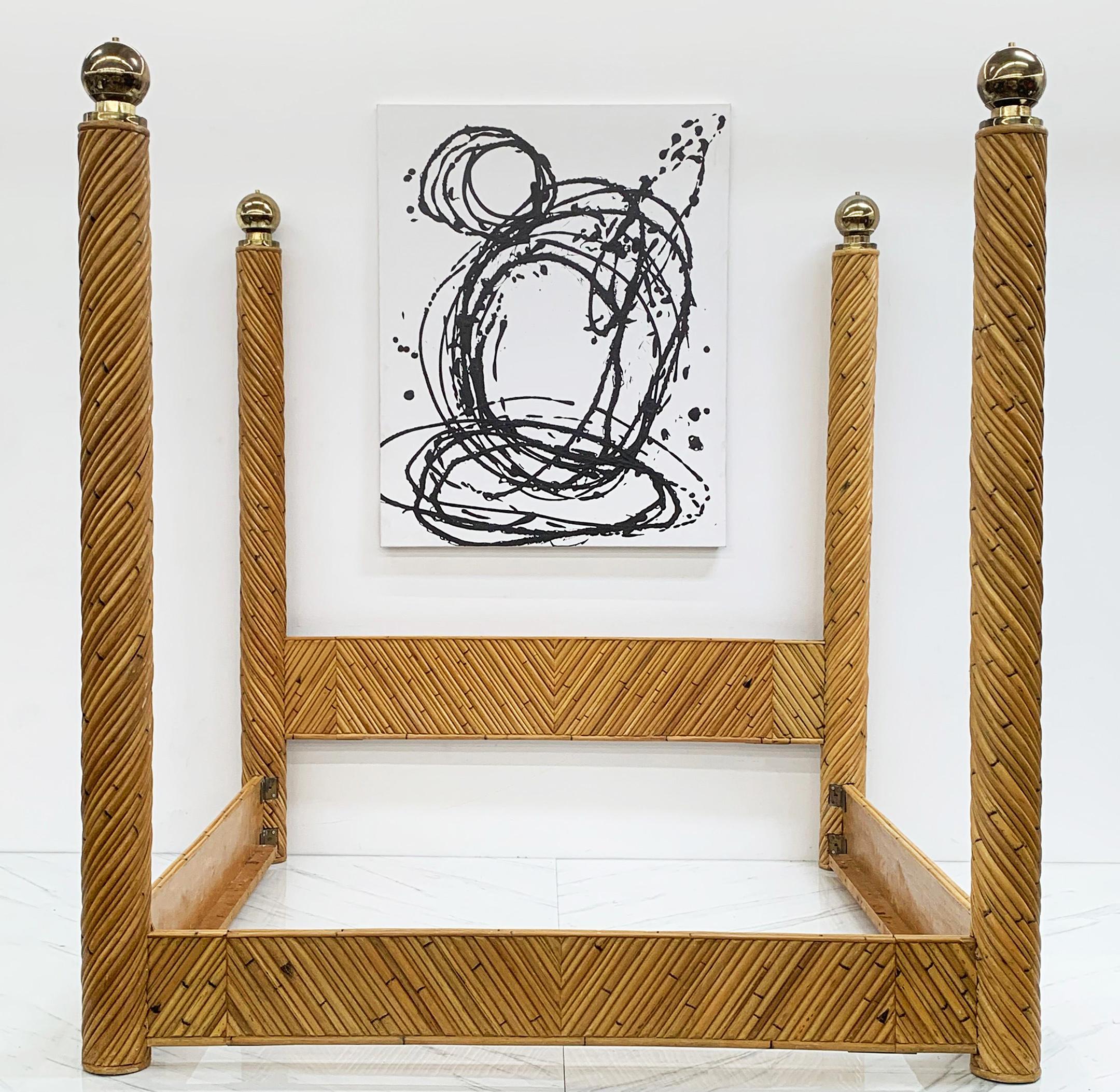 Rarely do we acquire a statement piece that's a bed, but this piece speaks for itself. A monumental bed designed by Marcello Mioni, this pencil reed bed is just so, so chic. With its pencil reed frame, four massively large posters and brass ball