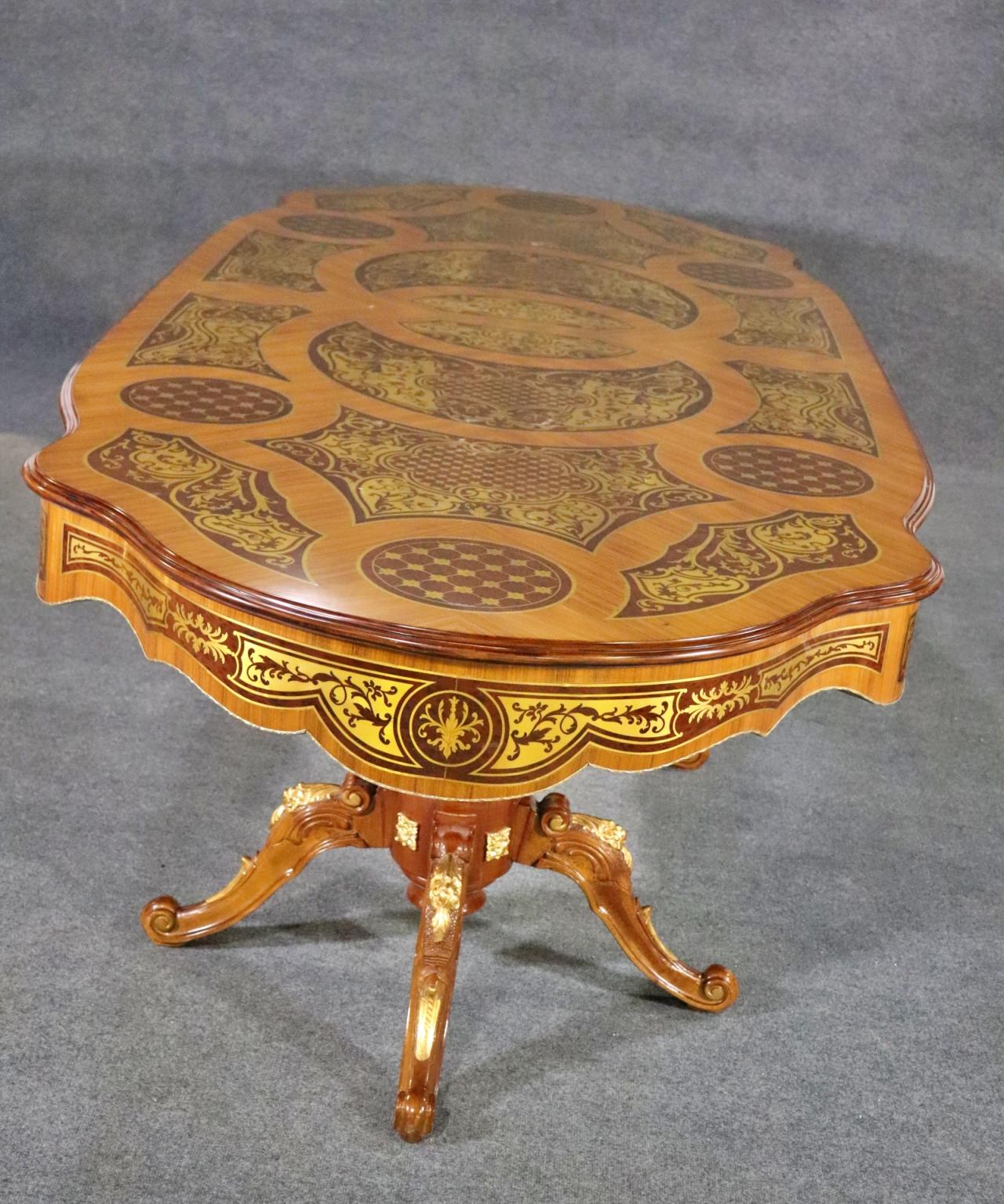 Rococo Revival Monumental Kingwood Bronze and Walnut Italian Brass Boulle Inlaid Dining Table