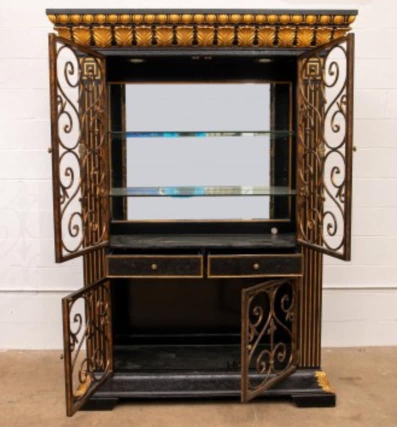 A palatial, very high quality, wine cellar cabinet - cocktail bar - china display by high-end luxury American designer La Barge.

Extremely rare, likely custom, one of kind, hand-crafted by skilled artisans in the Philippines, Neo-classical style,