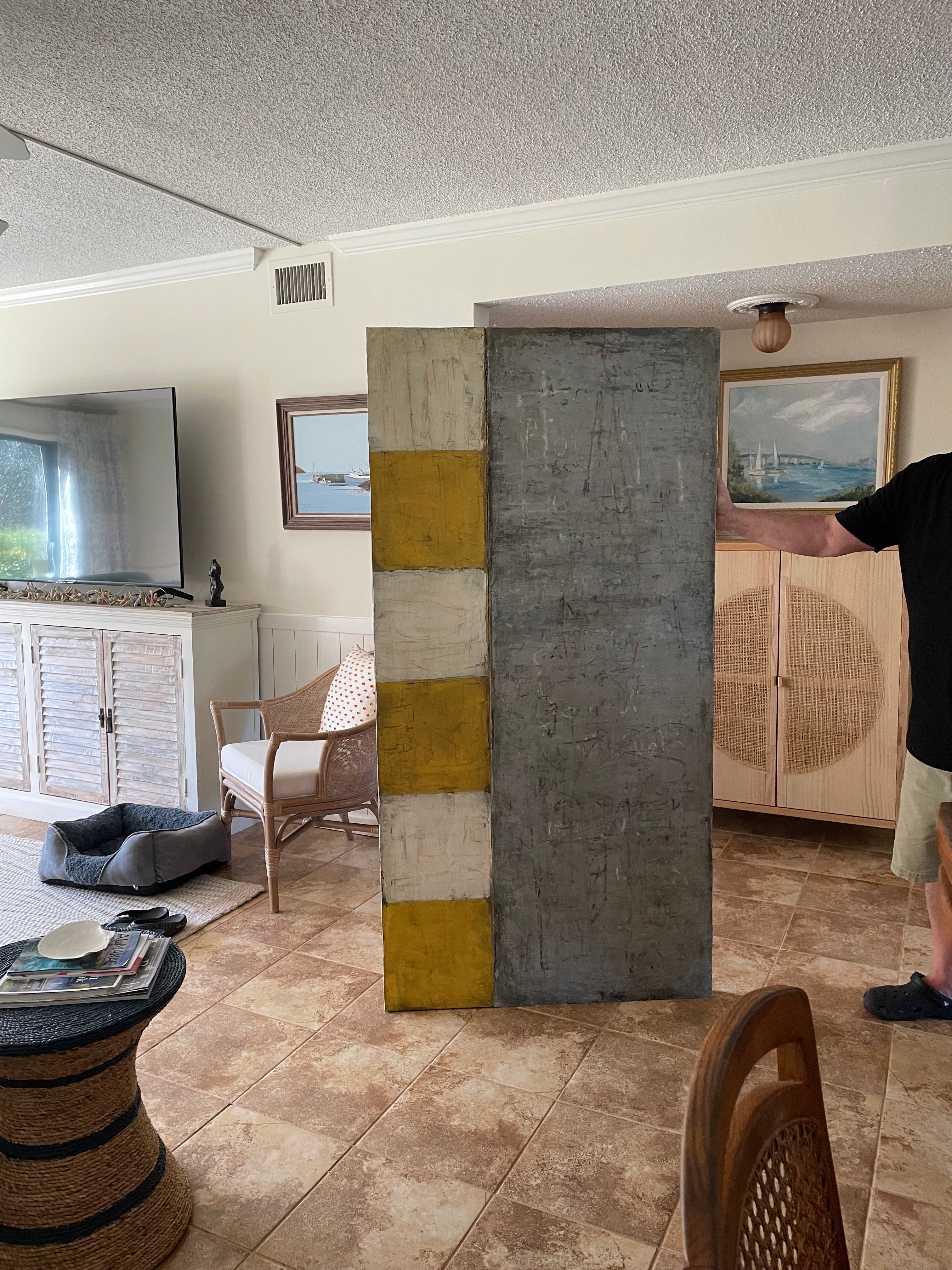 Striking and very large rectangular oil and mixed media encaustic abstract modernist painting on wood having geometric yellow and white squares along the left of the composition, and textured greyish silver on the rest of the panel. Signed on back,