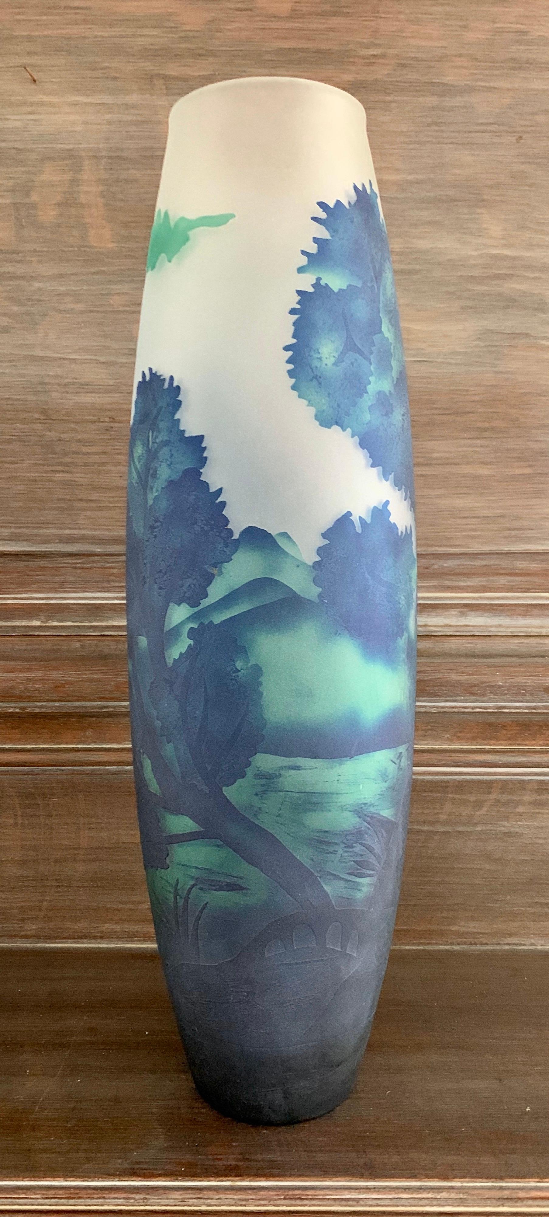 Monumental Large Art Nouveau Etched Glass Vase Vessel Blues and Green In Good Condition For Sale In West Hartford, CT