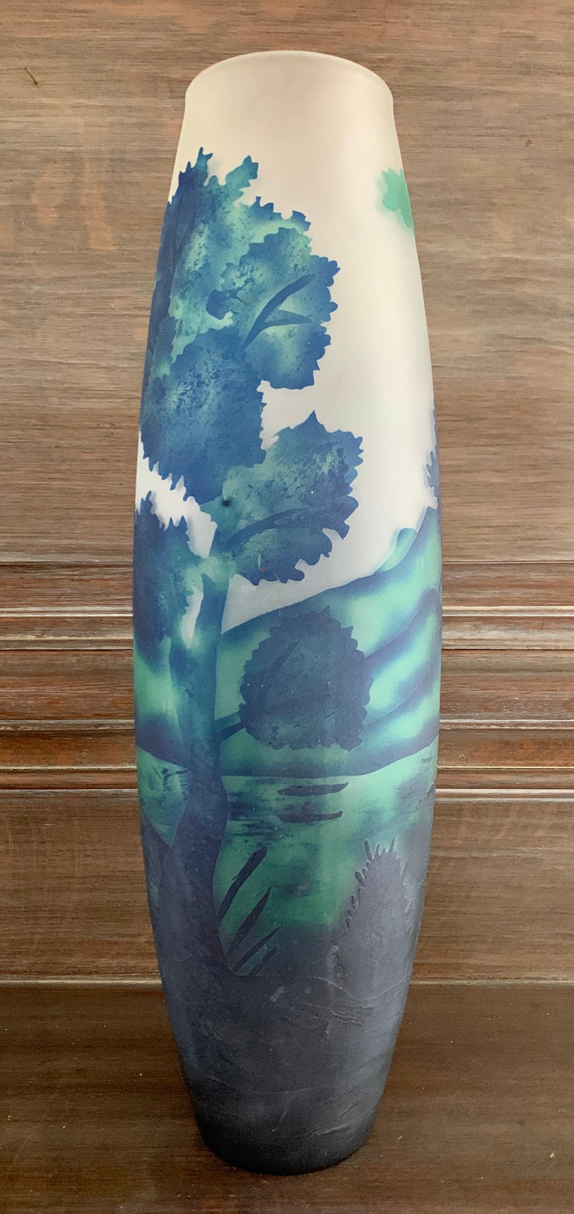 Late 20th Century Monumental Large Art Nouveau Etched Glass Vase Vessel Blues and Green For Sale