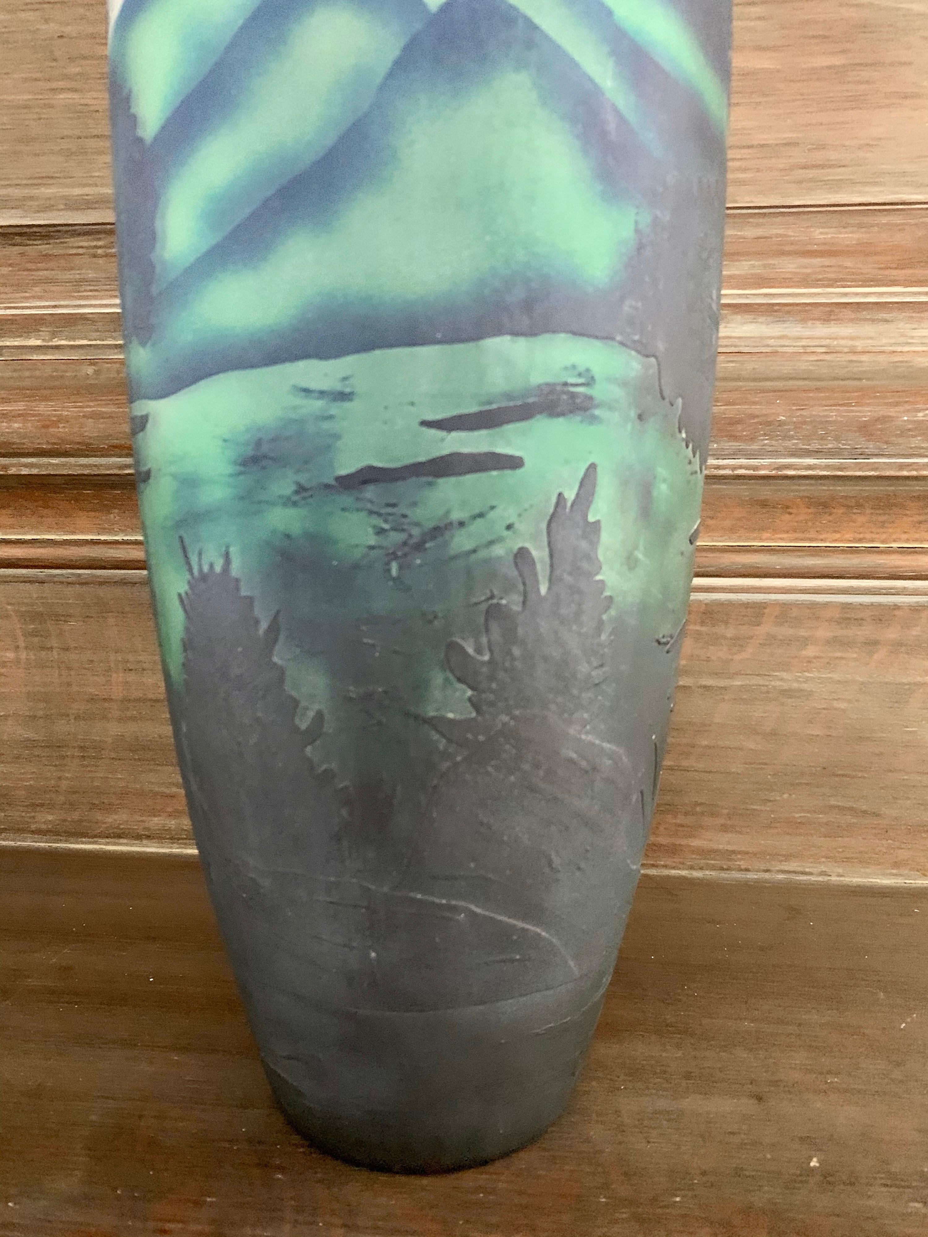 Monumental Large Art Nouveau Etched Glass Vase Vessel Blues and Green For Sale 1