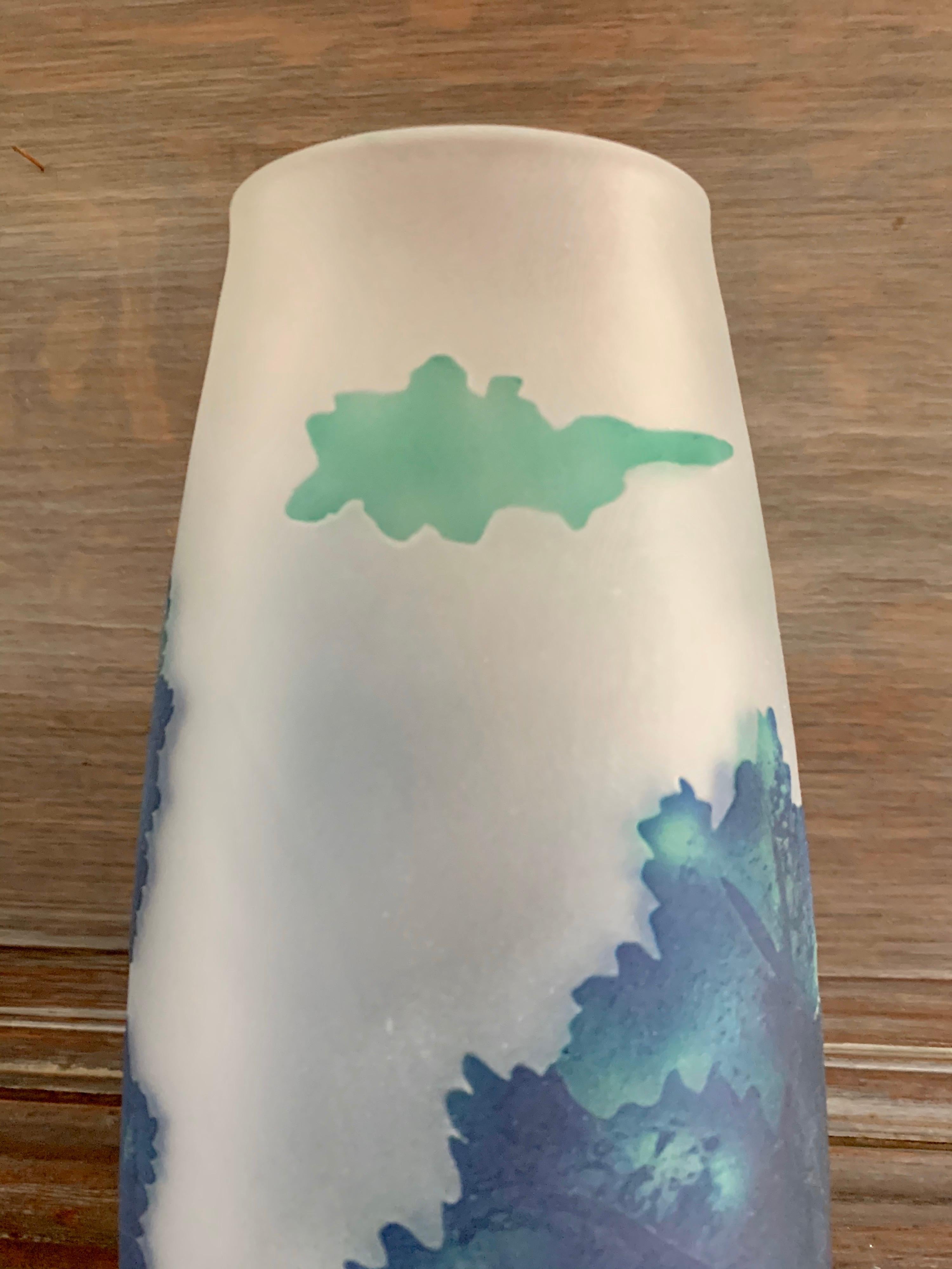 Monumental Large Art Nouveau Etched Glass Vase Vessel Blues and Green For Sale 2