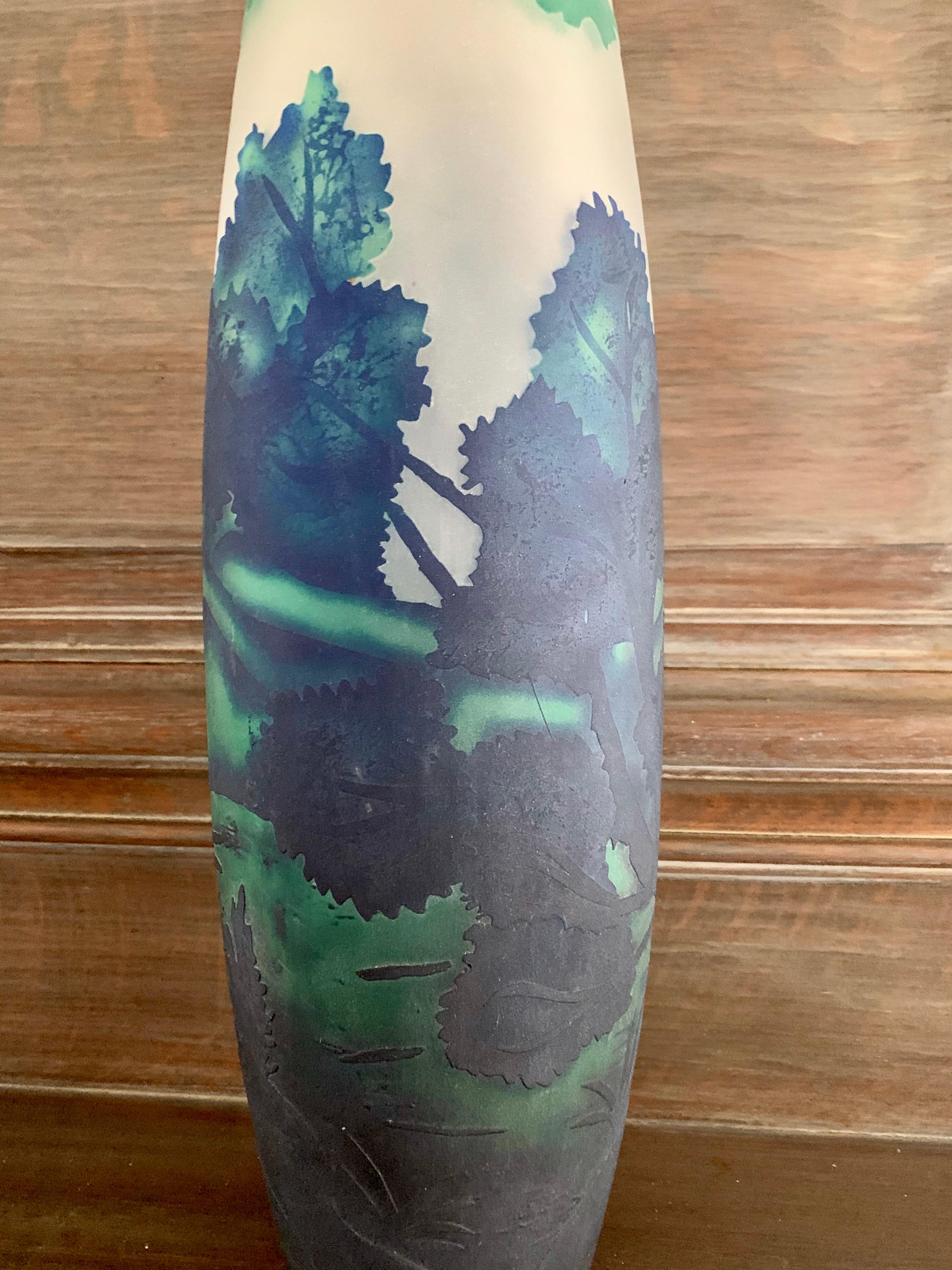 Monumental Large Art Nouveau Etched Glass Vase Vessel Blues and Green For Sale 4