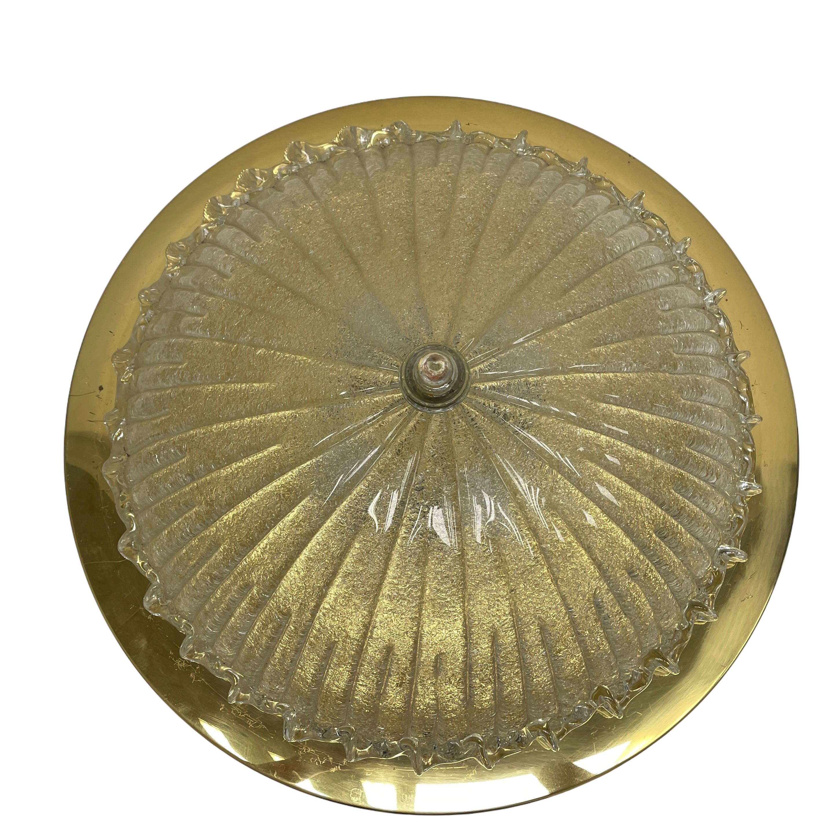 Mid-Century Modern Monumental Large Clear Murano Glass & Brass Flush Mount Venini Style 1970s Italy For Sale