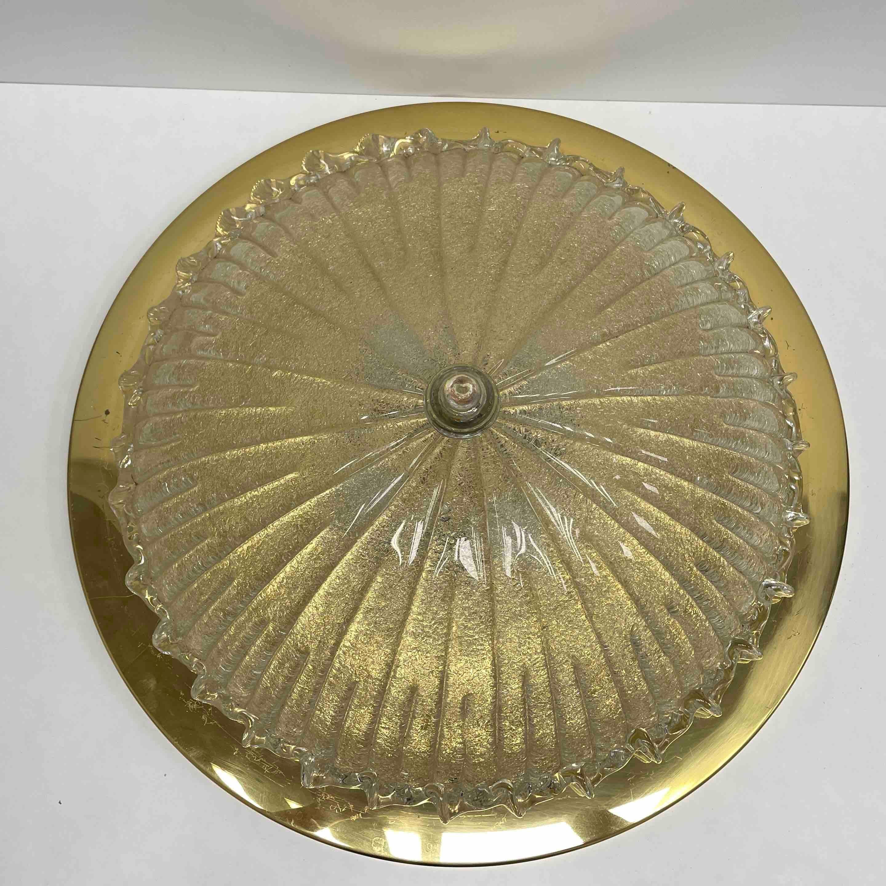 Italian Monumental Large Clear Murano Glass & Brass Flush Mount Venini Style 1970s Italy For Sale