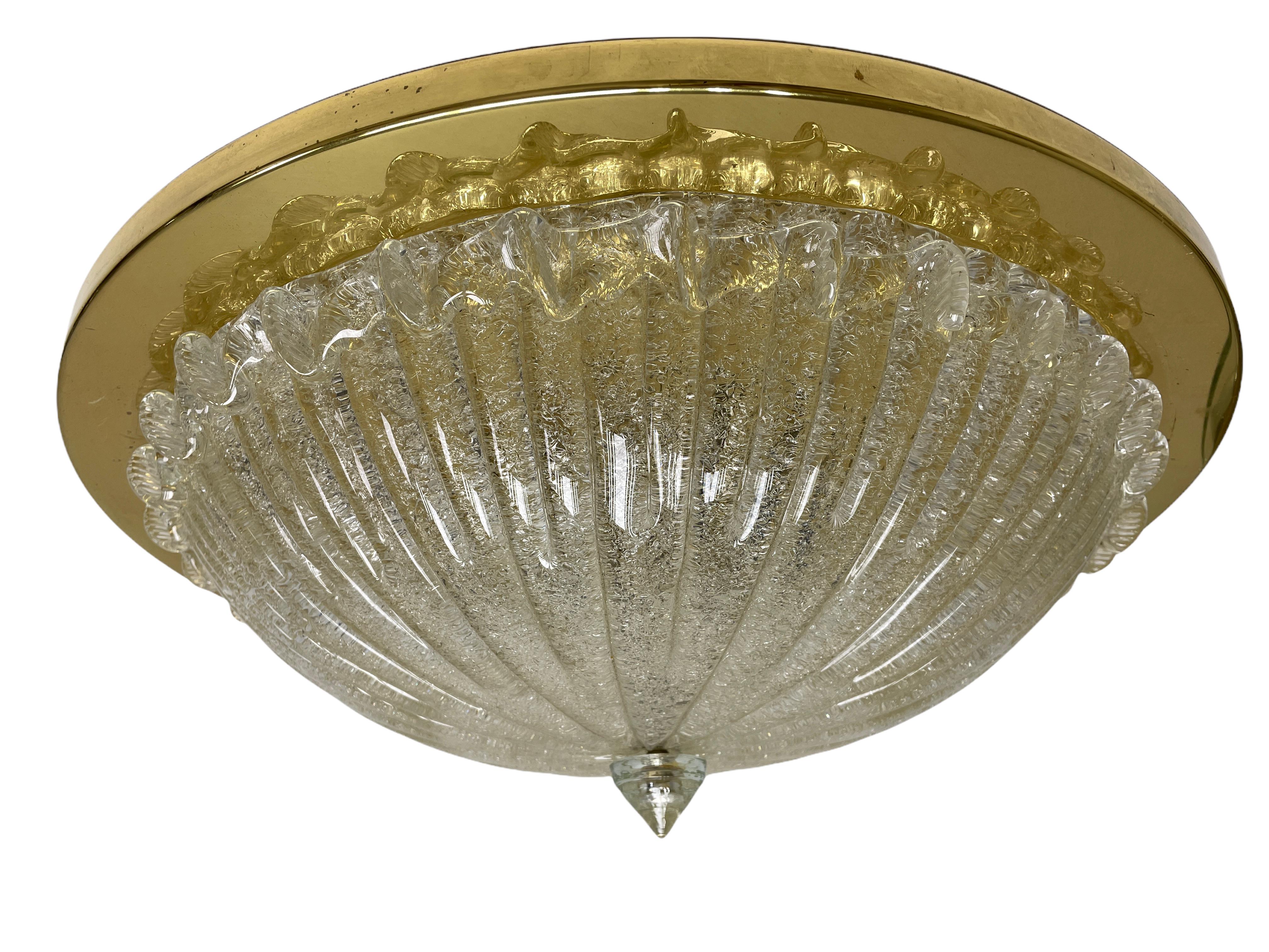 Monumental Large Clear Murano Glass & Brass Flush Mount Venini Style 1970s Italy For Sale 1