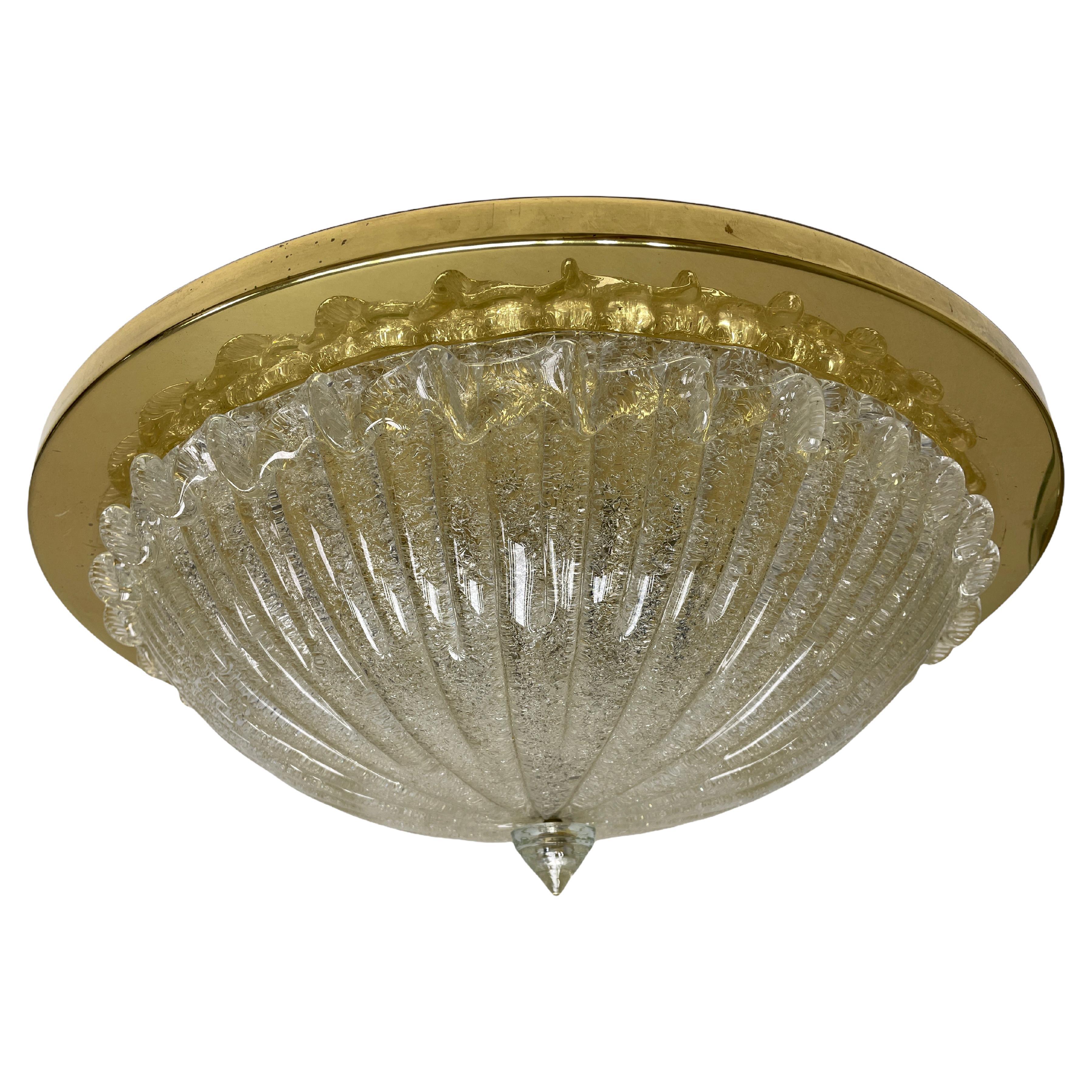 Monumental Large Clear Murano Glass & Brass Flush Mount Venini Style 1970s Italy For Sale