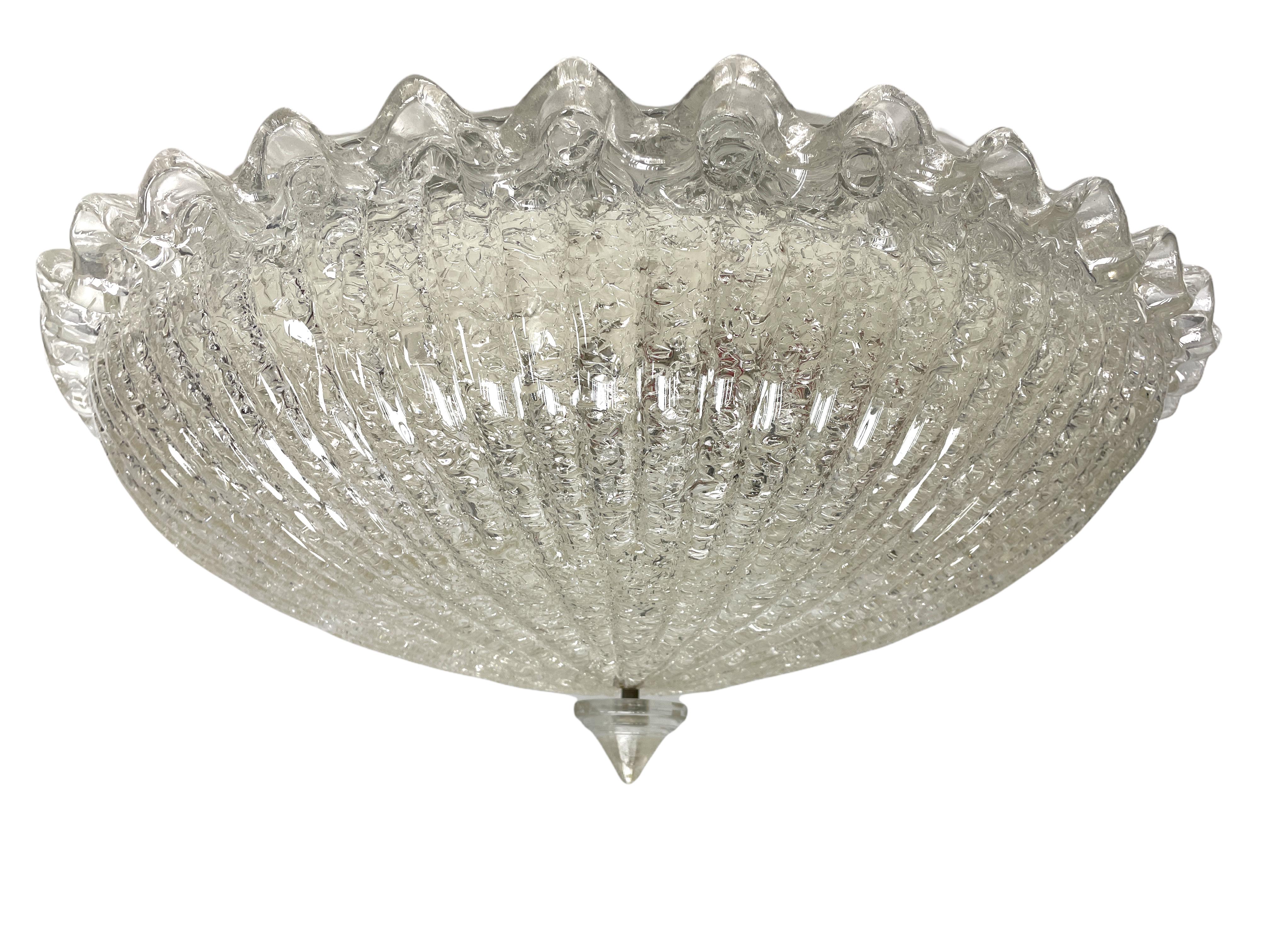 Metal Monumental Large Clear Murano Glass Flush Mount Venini Style 1970s, Italy